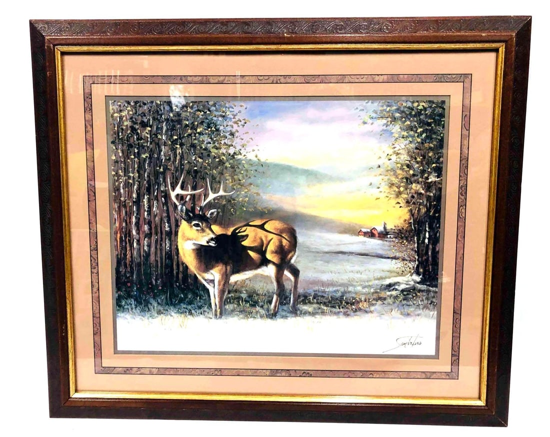 Framed Picture Print "Deer Wood House" Signed By Sambataro: This lot contains Framed Picture Print "Deer Wood House" Signed By Sambataro. The frame is approx 23 1/4" x 27 1/4" while the print is approx 14 1/2" x 18 1/2" and together they weigh about 7lbs.