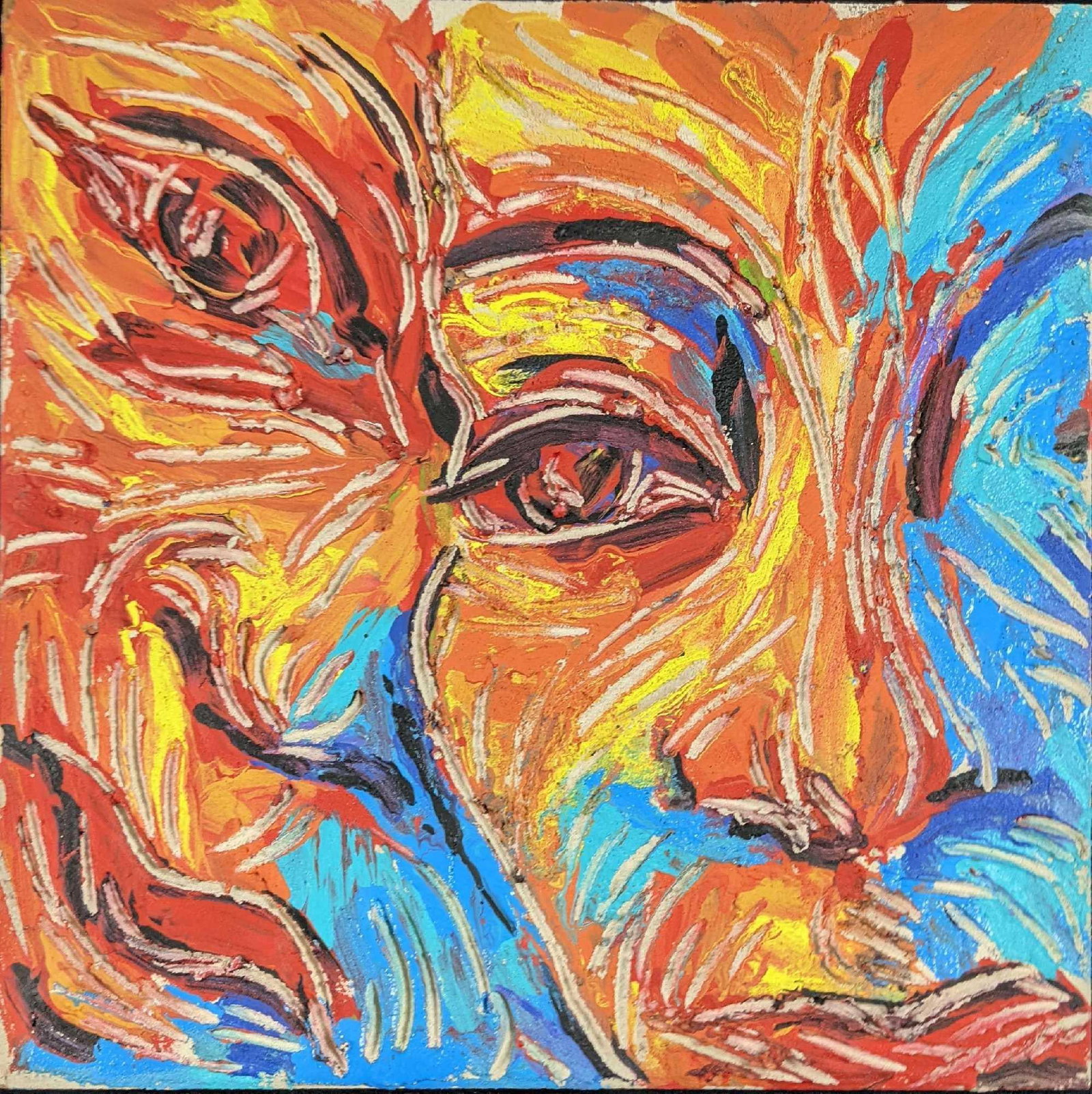 Joulia Vitaliy Carved Fresco on Masonite: Joulia Vitaliy Carved Fresco on Masonite of two rather devious-looking men. Is approx 12" x 11 1/2". Is in a good, used condition with some sticker residue on the back. Artist Joulia