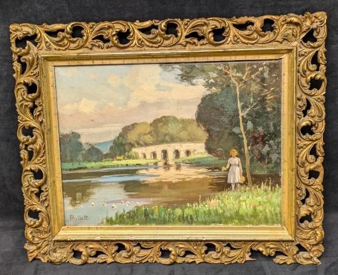 Framed Herbert Rollett Oil On Board Girl By The River: Framed Herbert Rollett Oil On Board Girl By The River. This is approx 21" x 1 3/4" x 18" and it weighs 3.70lbs. The frame has cracks and part of the frame on the bottom right is missing. The canvas