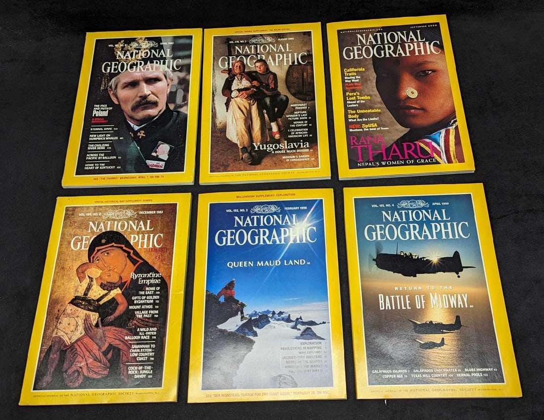 6 1980s 1990s 2000s National Geographic Magazines NGF: 6 1980s 1990s 2000s National Geographic Magazines NGF. This lot includes: (1) February 1998 - Queen Maud Land. (1) April 1999 - Return To The Battle Of Midway. (1) April 1982 - The Face And Faith Of