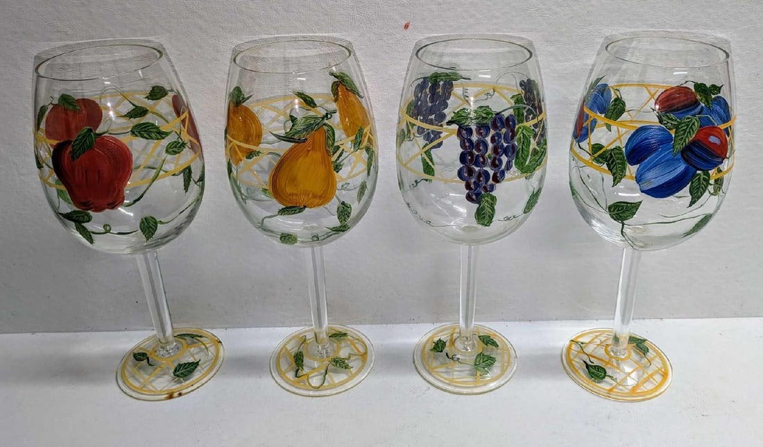 4 Hand Painted Wine Glasses With Fruit Designs C: 4 Hand Painted Wine Glasses With Fruit Designs C. The maker and date of creation is unknown. Each glass is approx 3 1/2" x 3 1/2" x 8 3/4" and the total weight is 1.60lbs. Hand wash only.
