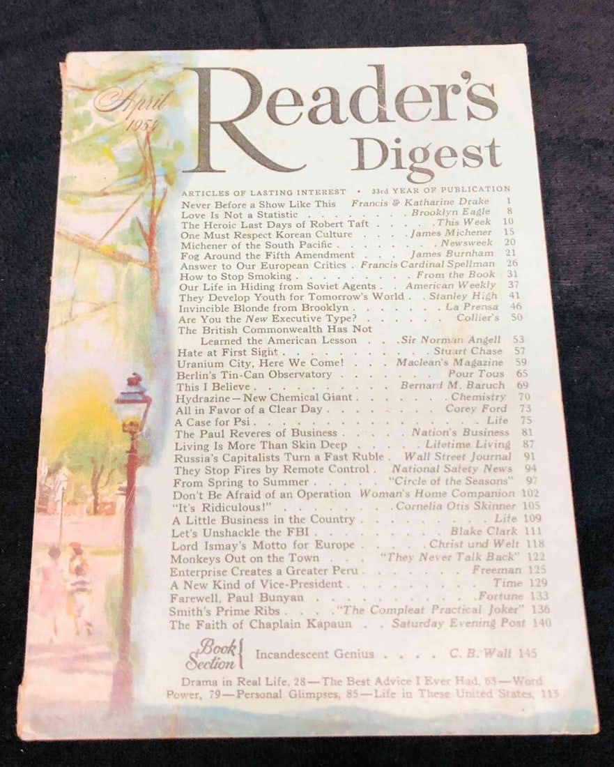 The Vintage Copy Of Reader's Digest April 1954 Vol.64 No.384: This lot contains a The Vintage Copy Of Reader's Digest April 1954 Vol.64 No.384. It is approx 7 1/2" x 5 1/2" and it weighs about 0.2lbs. Overall the book is in good used condition with some