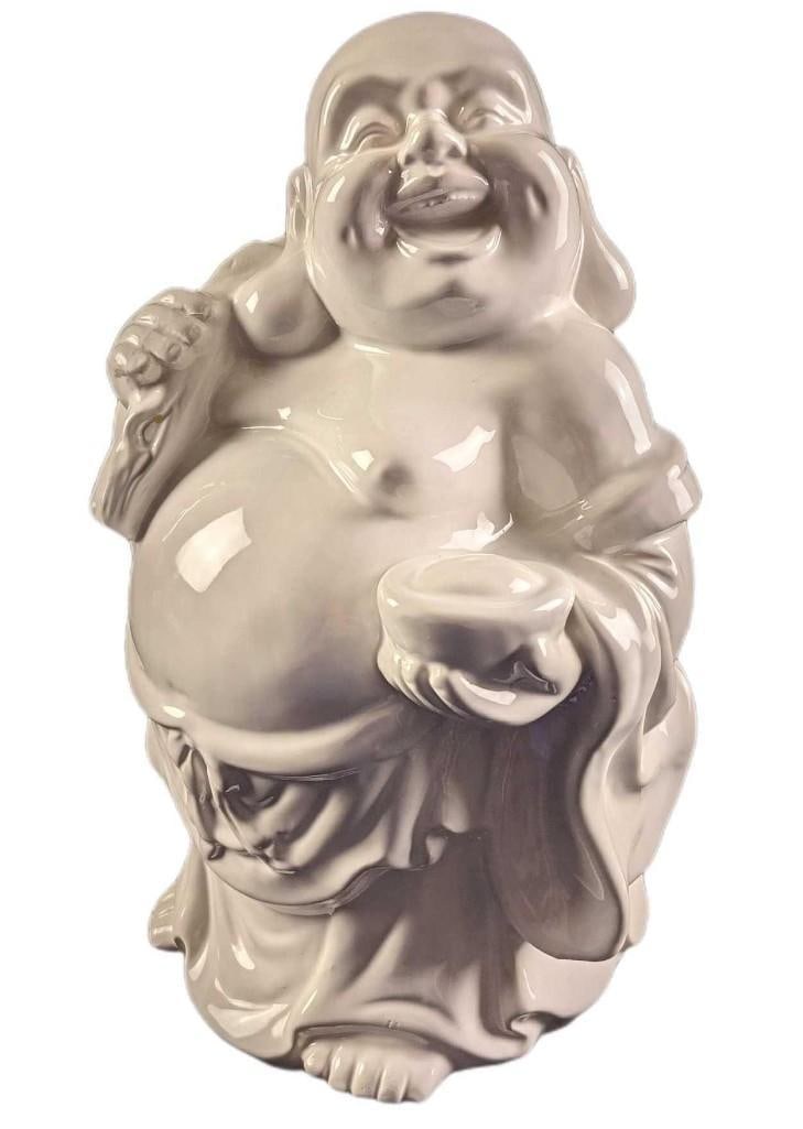 Large White Ceramic Laugh Buddah Feng Shui Figurine: Large White Ceramic Laugh Buddah Feng Shui Figurine. The maker and date of creation are unknown. Is approx 8" x 6" x 13" and it weighs 5.29 lbs. The figurine is in good, used condition with no known
