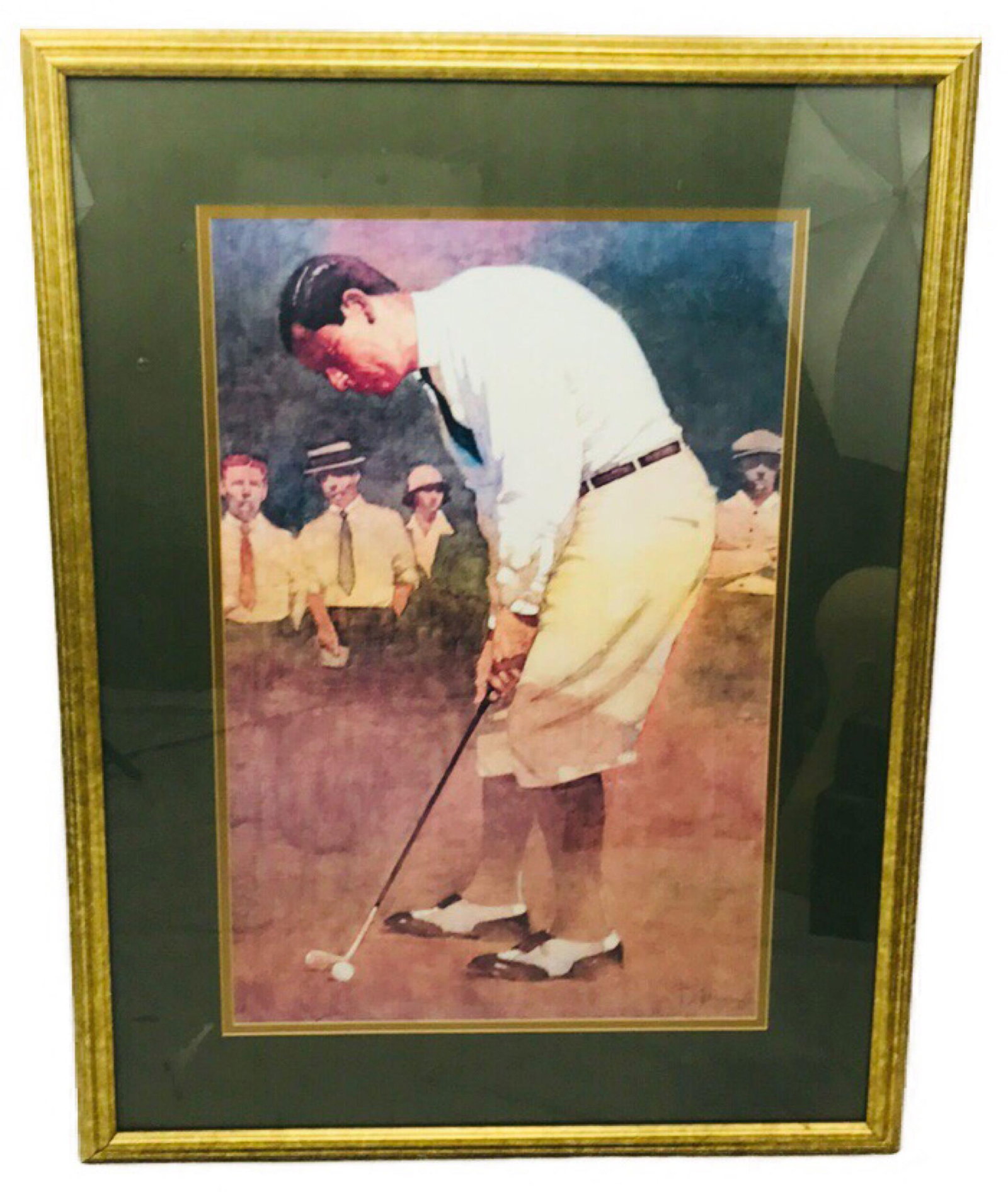 Vintage Large Print of Early 20th Century Golfer: Vintage Large Print of Early 20th Century Golfer; this print shows a golfer in knickers lining up a shot. We believe it represents a young Walter Hagen. It definitely shows a man with style. The