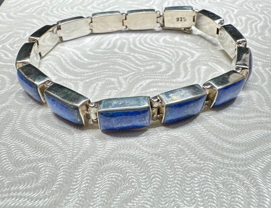 Sterling Lapis Thick Link Bracelet: This piece of jewelry has been tested and researched prior to listing. Please view all our pictures they are part of our description. DETAILS: Metal - 925 Sterling Silver Color - Silver Stones - Lapis