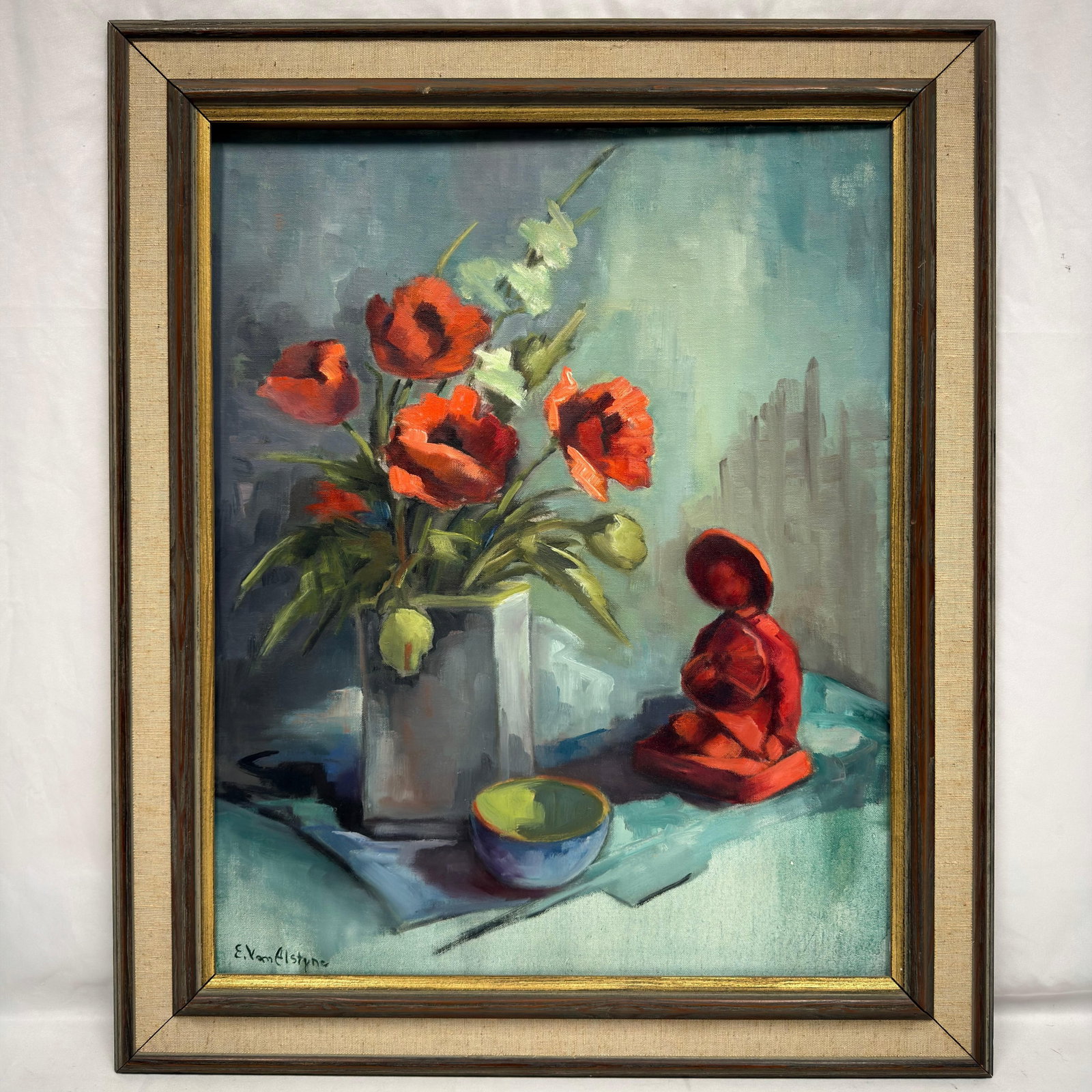 Edith Van Alstyne Oriental Mood Original Oil Still Life Painting: Original oil painting on canvas panel by Edith Van Alstyne, signed “E. Van Alstyine” lower left. Still life composition depicting vivid red flowers, vase, bowl, and Asian-inspired seated f