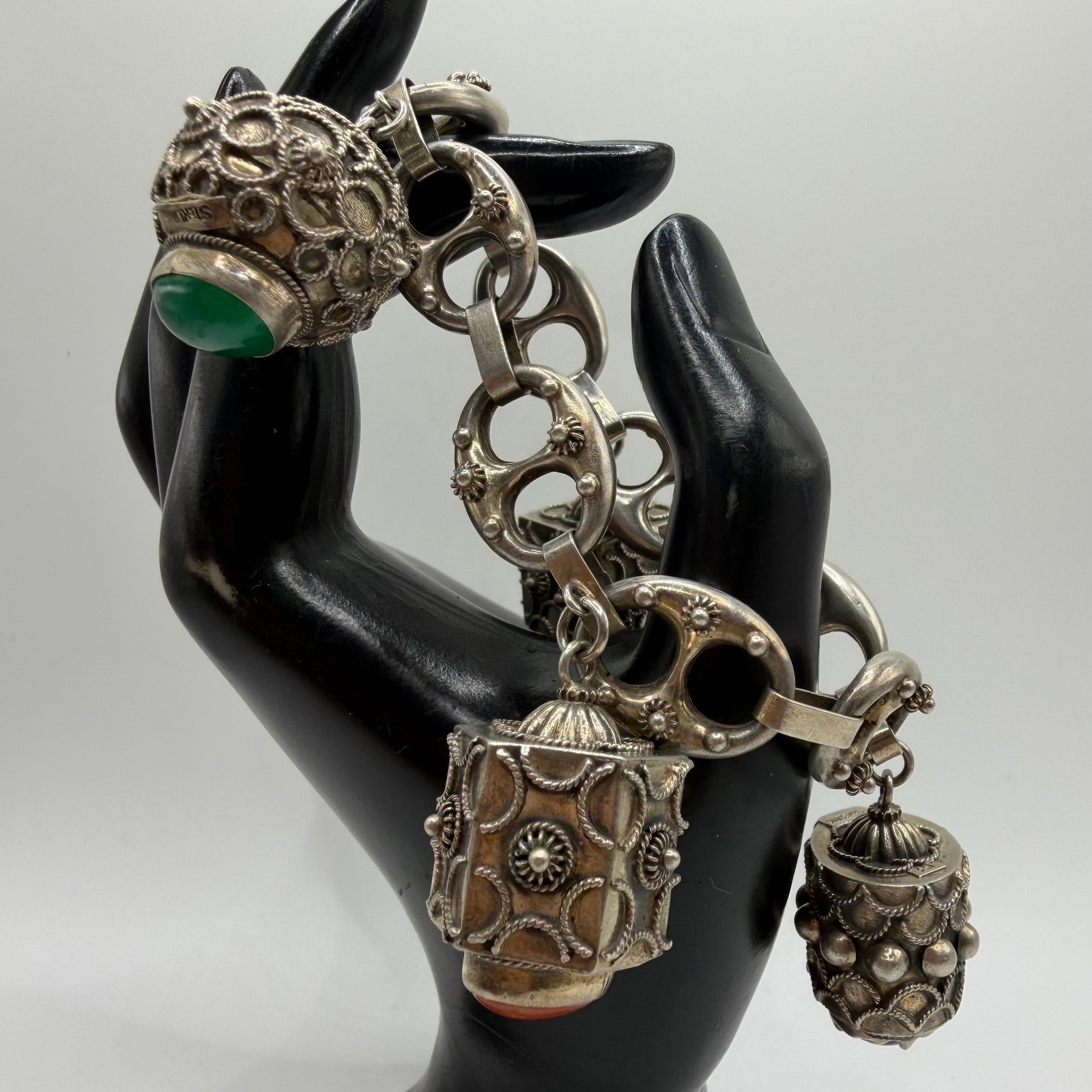 Four Fob Charm Natural Stone Accent Sterling Silver Bracelet ER44: This item is in pre-owned, previously used/displayed condition with noticeable light wear and surface scratches. Please reference all photos for full details. This piece of jewelry has been carefully 