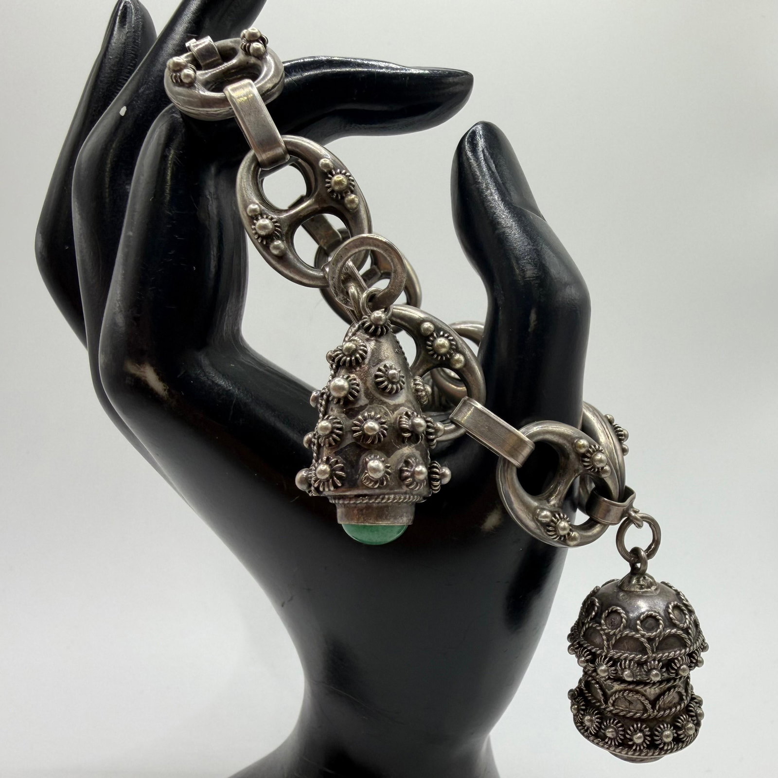 Gemstone Cabochon Fob Charm 800 Silver Floral Motif Bracelet ER46: This item is in pre-owned, previously used/displayed condition with noticeable light wear and surface scratches. Please reference all photos for full details. This piece of jewelry has been carefully 