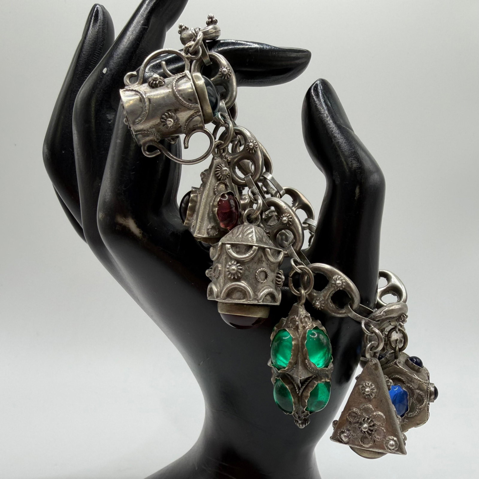 Ten Glass Faux Stone Ornate Fob Charm 800 Silver Bracelet: This item is in pre-owned, previously used/displayed condition with noticeable light wear and surface scratches. Please reference all photos for full details. This piece of jewelry has been carefully 