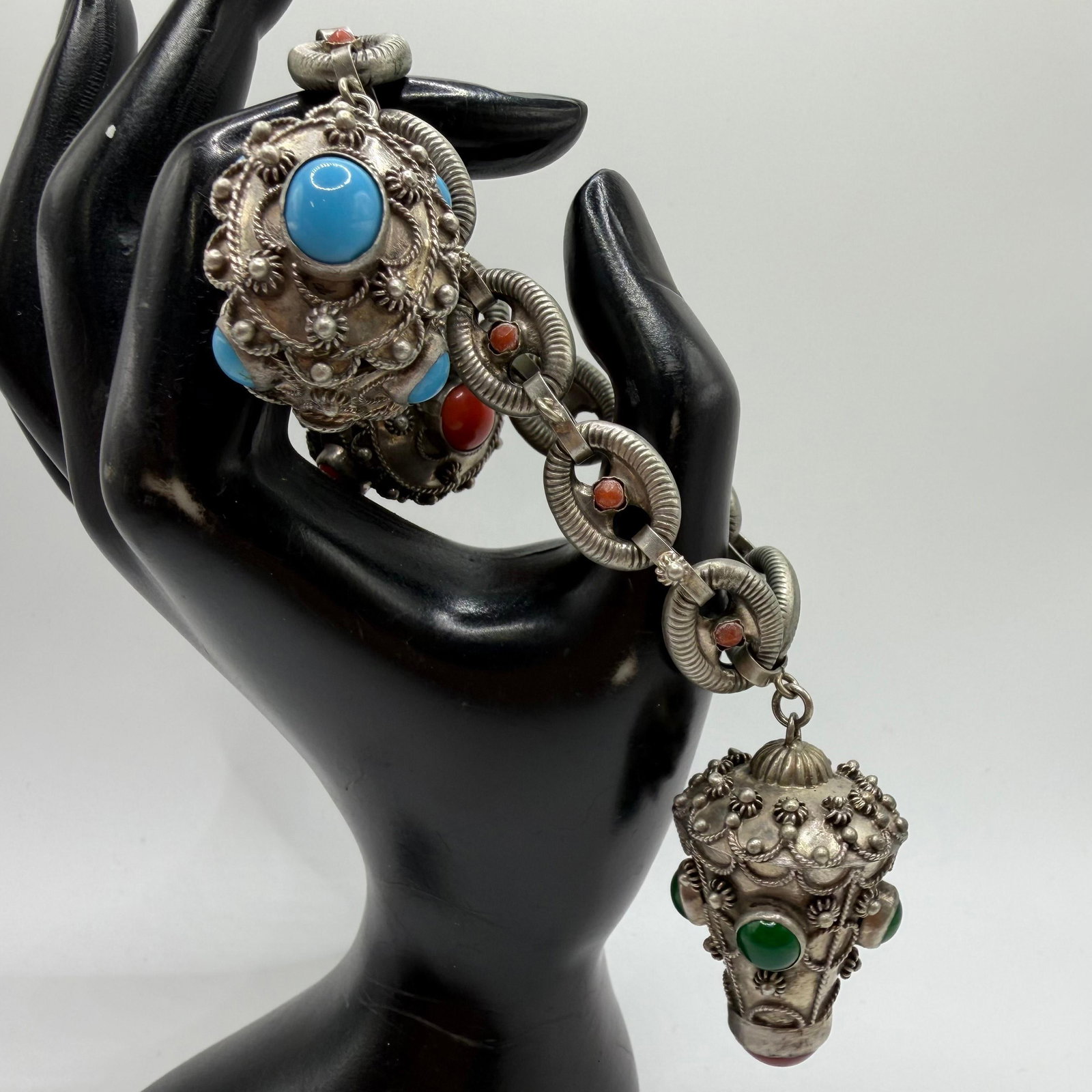 Italian Etruscan Revival Style Three Fob Charm 800 Silver Textured Chain Bracelet ER54: This item is in pre-owned, previously used/displayed condition with noticeable light wear and surface scratches. Please reference all photos for full details. This piece of jewelry has been carefully 