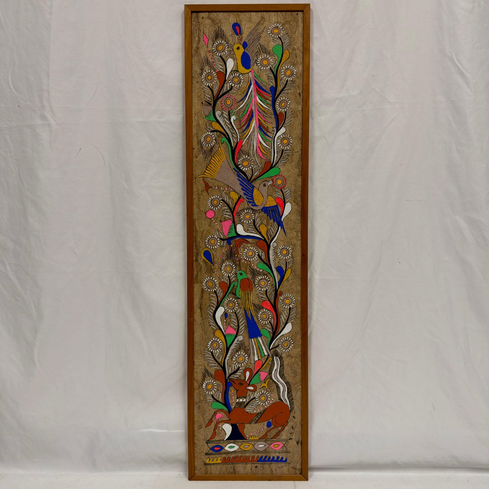 Mexican Style Folk Art Hand Painted Birds and Flowers Unknown Artist: Unknown artist, no signature or hallmarks noticed. This item is a vintage Mexican folk art style painting created on a bark-style board, featuring vibrant hand-painted birds and floral designs. This i