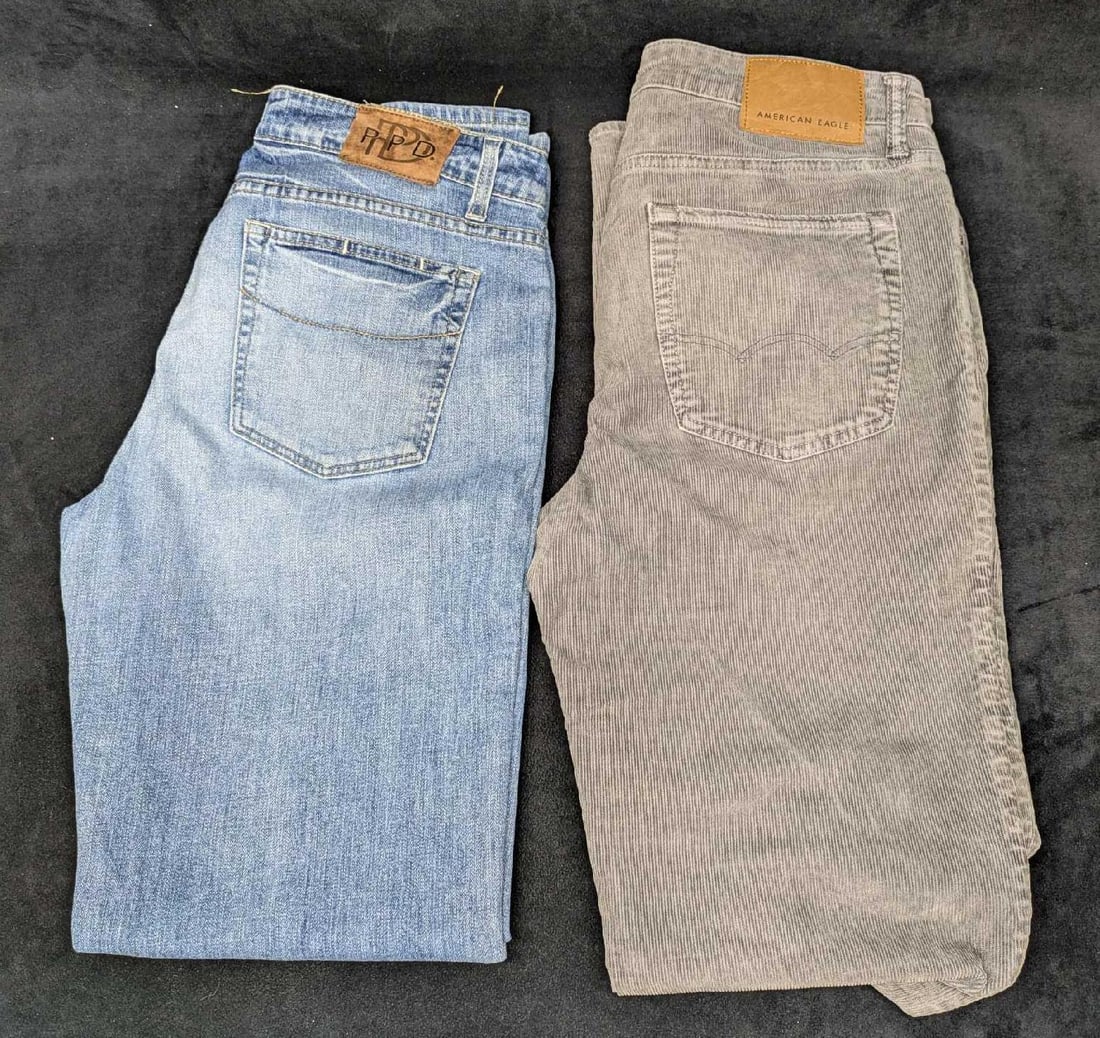 Men's Size 32 P.P.D and American Eagle Next Level Flex Jeans: Men's Size 32 P.P.D & American Eagle Next Level Flex Jeans. This lot includes: (1) P.P.D. Doheny Straight Size 32 Jeans. These are made of 92% cotton, 7% Elastrell and 1% Spandex. (1) American