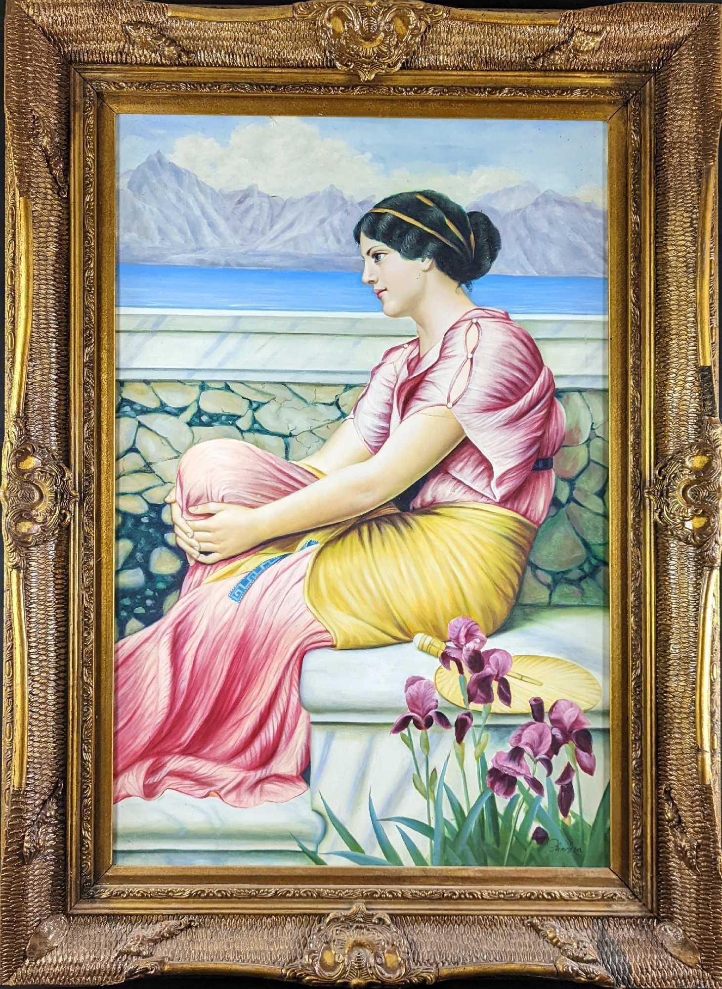 F31Absence Makes the Heart Grow Fonder Hand Painted Reproduction: Here is a hand-painted reproduction of John William Godward's "Absence Makes the Heart Grow Fonder". The framed reproduction is framed very nicely with a gilded frame. The framed original is appr