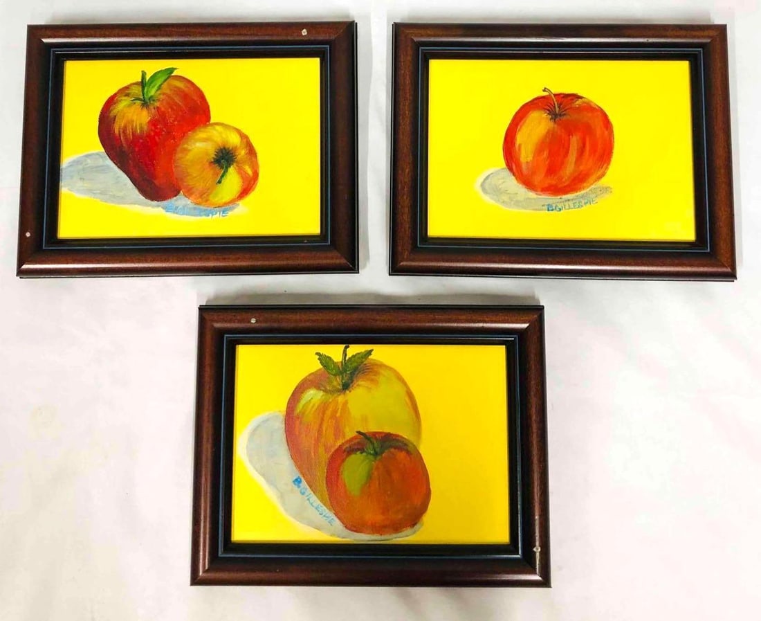 Original Fruit Series Signed Acrylic On Canvas: This lot contains Original Fruit Series Signed Acrylic On Canvas. Signature reads B. Gillespie. Each frame is approx 6 1/2" x 8 3/4" and altogether they weigh about 1.2lbs. Overall the artwork is in g