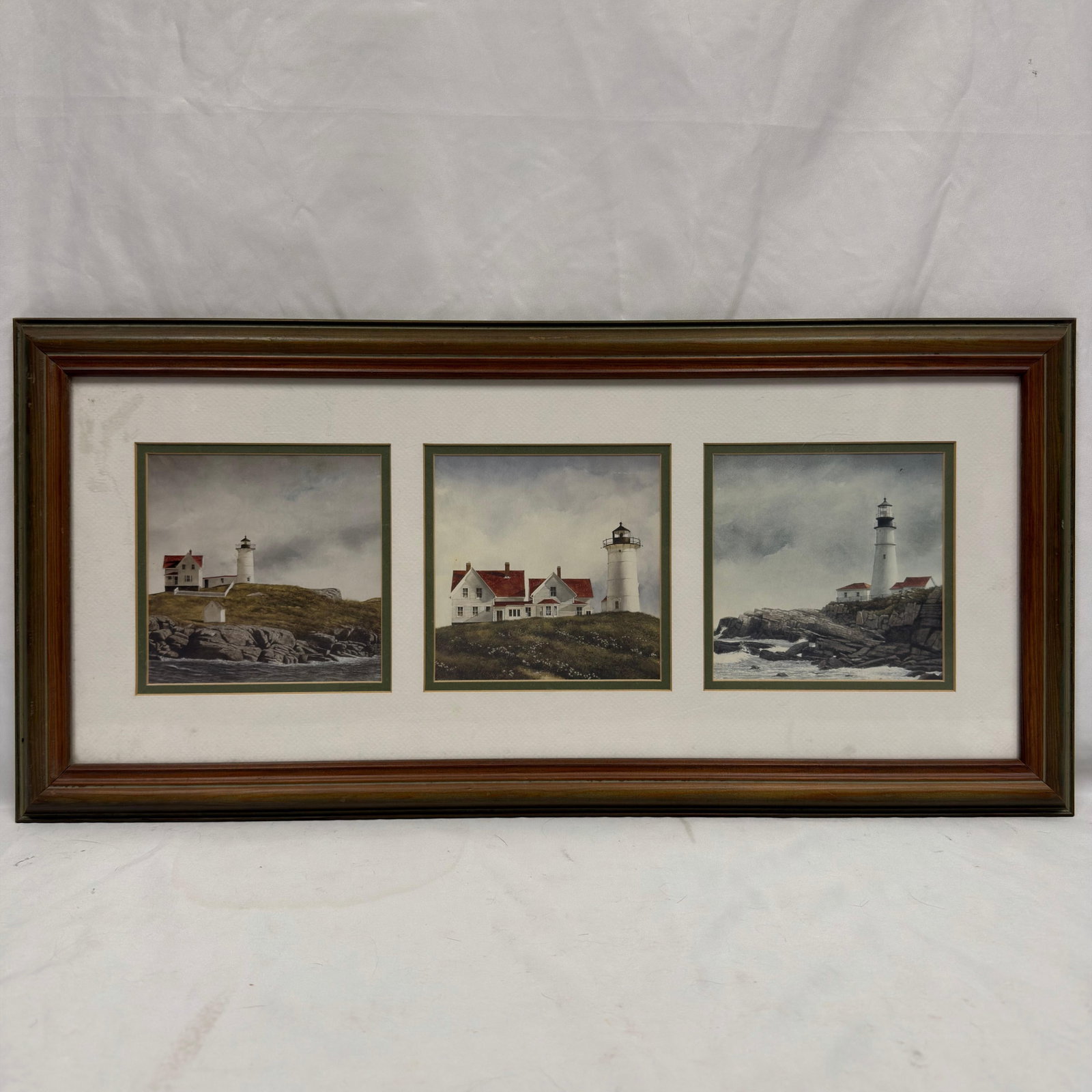 Lighthouse Doug Brega New England Landscapes Triptych Art Print: Vintage 1999 framed triptych featuring lighthouse prints by American realist artist Doug Brega. This item is in pre-owned, previously displayed condition with light wear and surface scratches. Please 