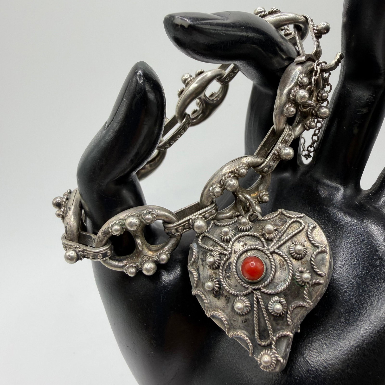 Etruscan Revival Style 800 Silver Heart Charm Bracelet ER58: This item is in pre-owned, previously used/displayed condition with noticeable light wear and surface scratches. Please reference all photos for full details. This piece of jewelry has been carefully