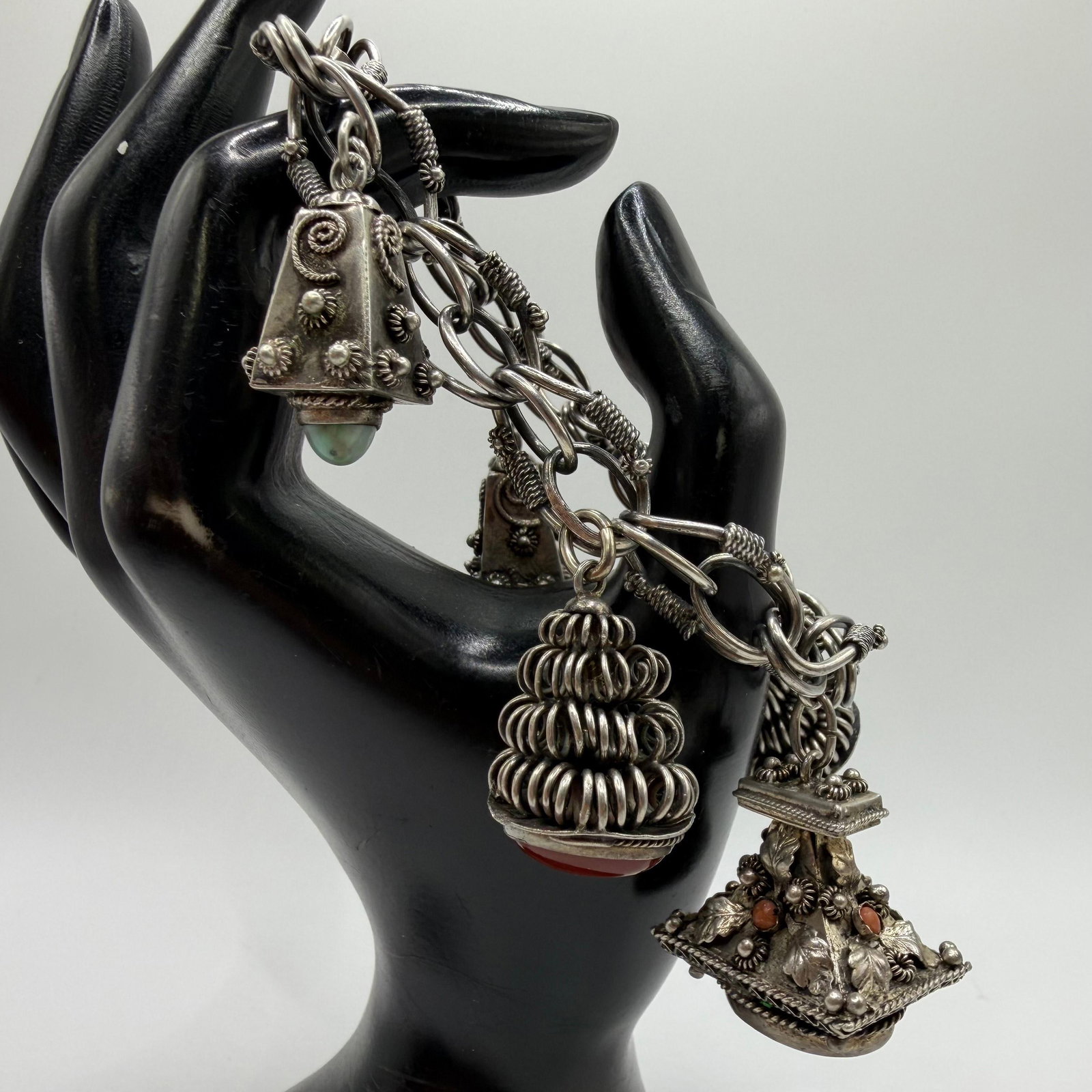 Etruscan Revival Style 800 Silver Silverwork Charm Stone Accents Bracelet ER59: This item is in pre-owned, previously used/displayed condition with noticeable light wear and surface scratches. Please reference all photos for full details. This piece of jewelry has been carefully