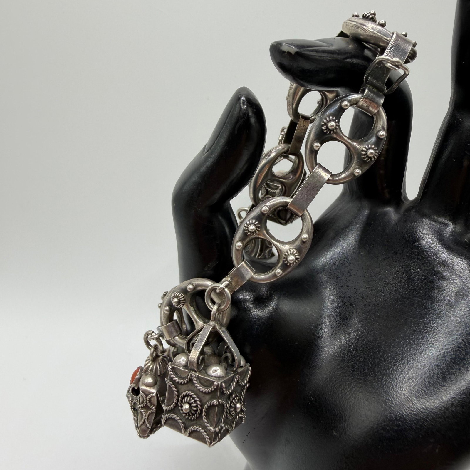 S and F Etruscan Revival Style Sterling Silver Charm Stone Accents Bracelet ER60: This item is in pre-owned, previously used/displayed condition with noticeable light wear and surface scratches. Please reference all photos for full details. This piece of jewelry has been carefully 