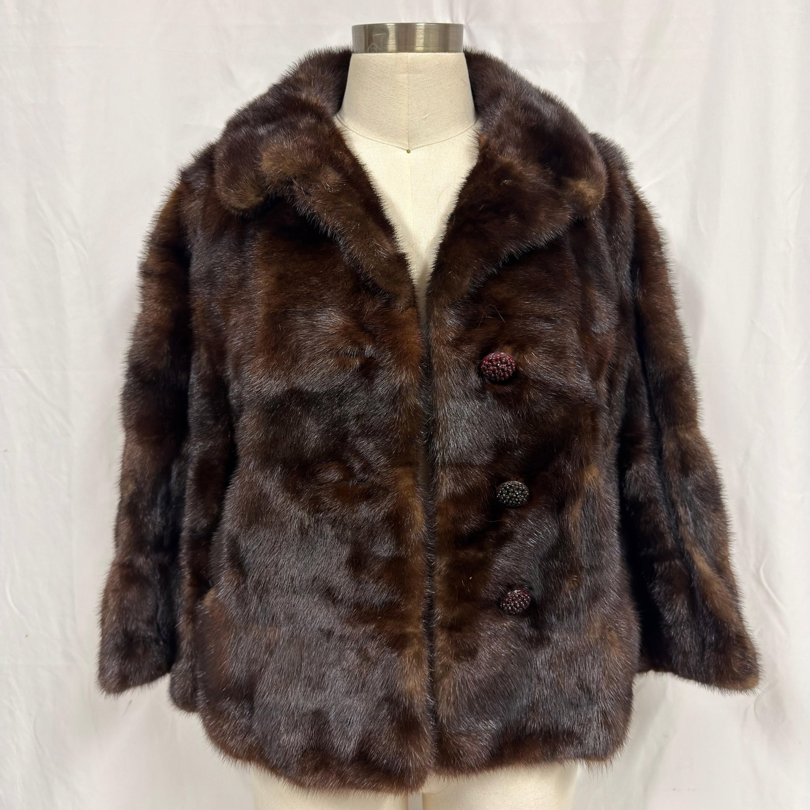 Mahogany Tone Color Mink Fur Jacket Coat Accent Buttons (1 of 6)