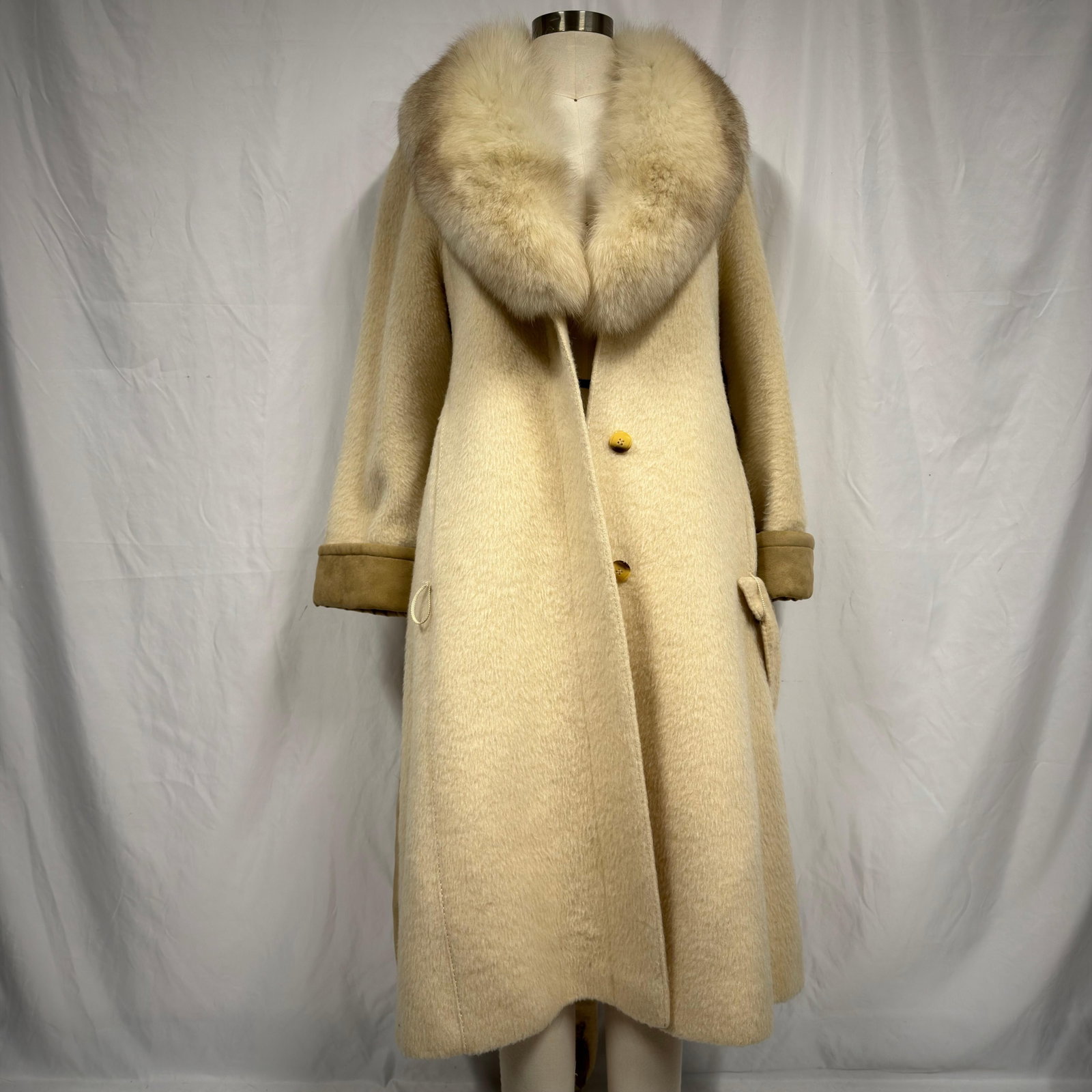 White Llama Wool and Fox Collar Fur Coat Long Jacket (1 of 7)