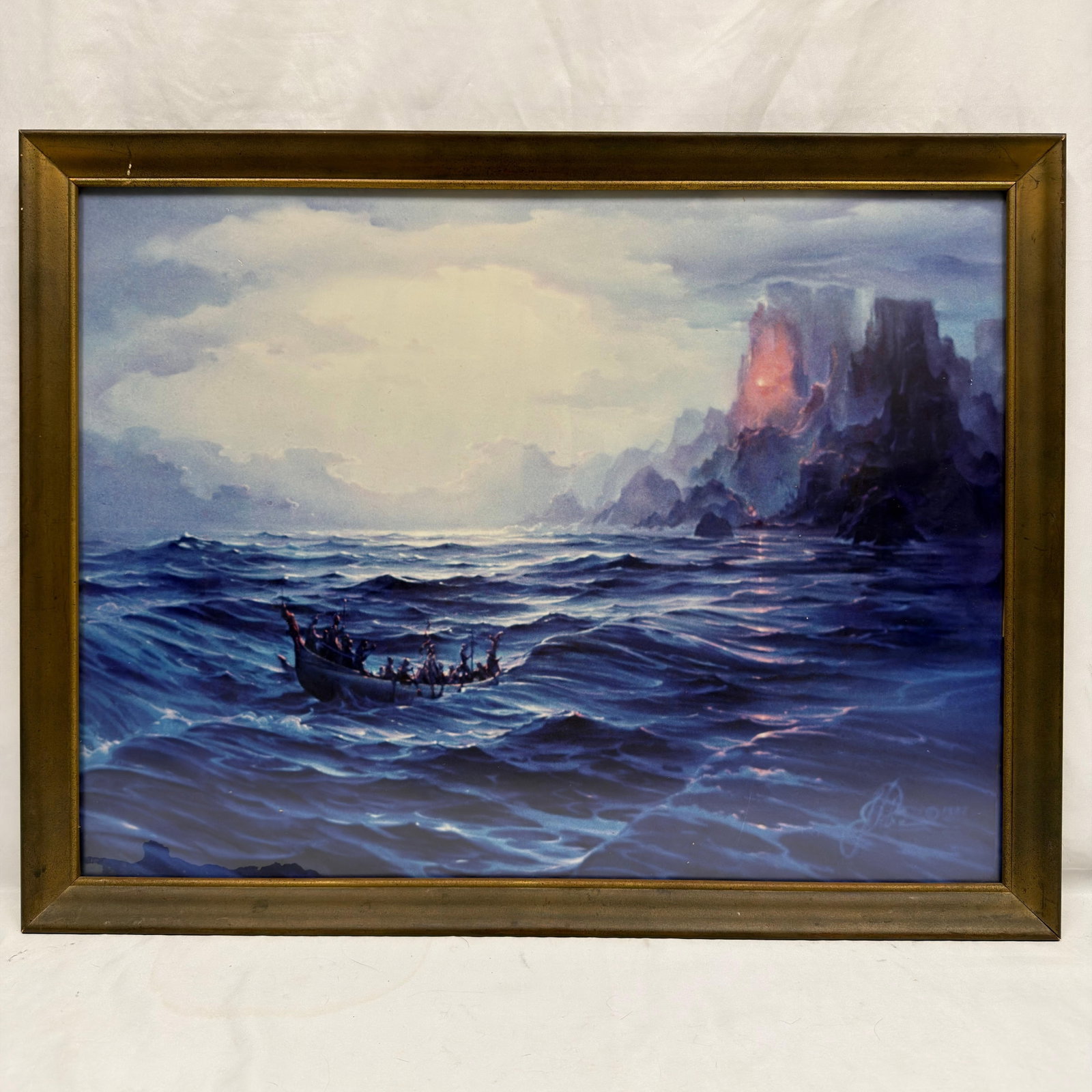 Double Sided Framed Artwork Seascape and Signed Village Painting: Unusual double-sided framed artwork displaying two separate compositions. Front features a dramatic fantasy-style marine scene with figures in a small boat on rough seas, with an indistinct signature/