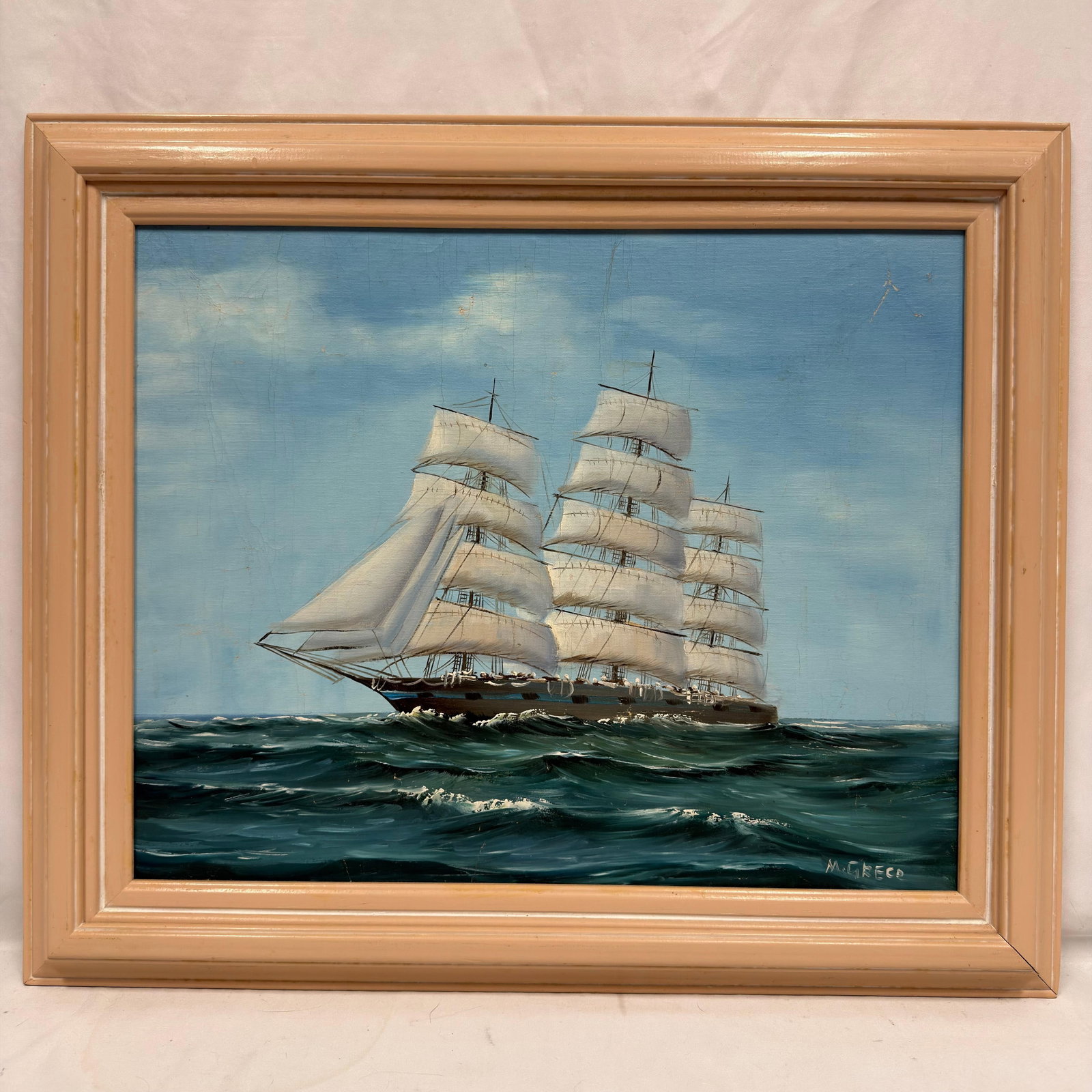 Three-Masted Ship at Sea Signed Oil on Canvas (1 of 5)