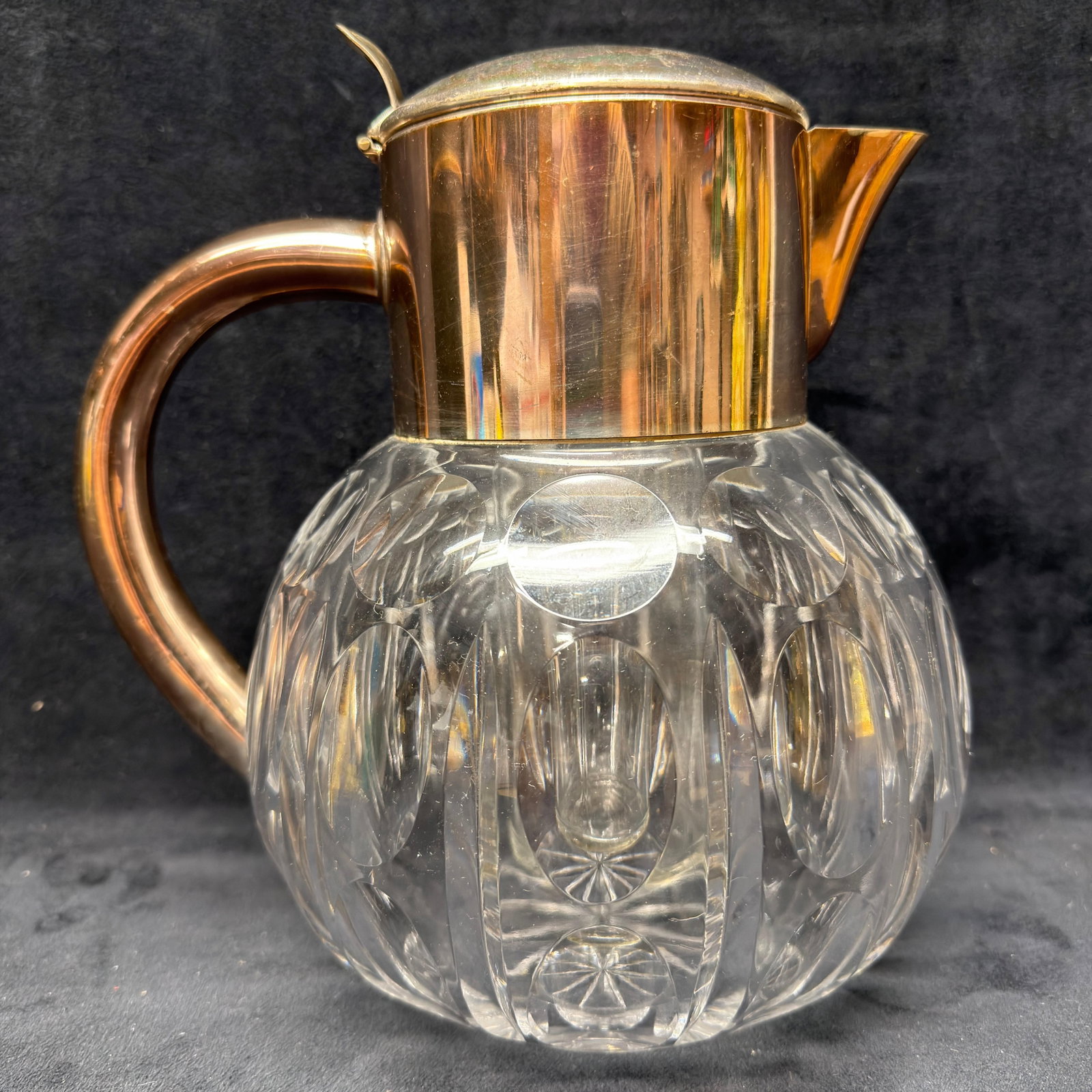 West German Cut Crystal Silverplate Cold Duck Jug Beverage Ice Tube Pitcher: Vintage West German beverage pitcher featuring a heavy cut crystal body with a silver-plated metal collar, handle, spout, and hinged lid. Interior includes a removable cylindrical glass insulating ins