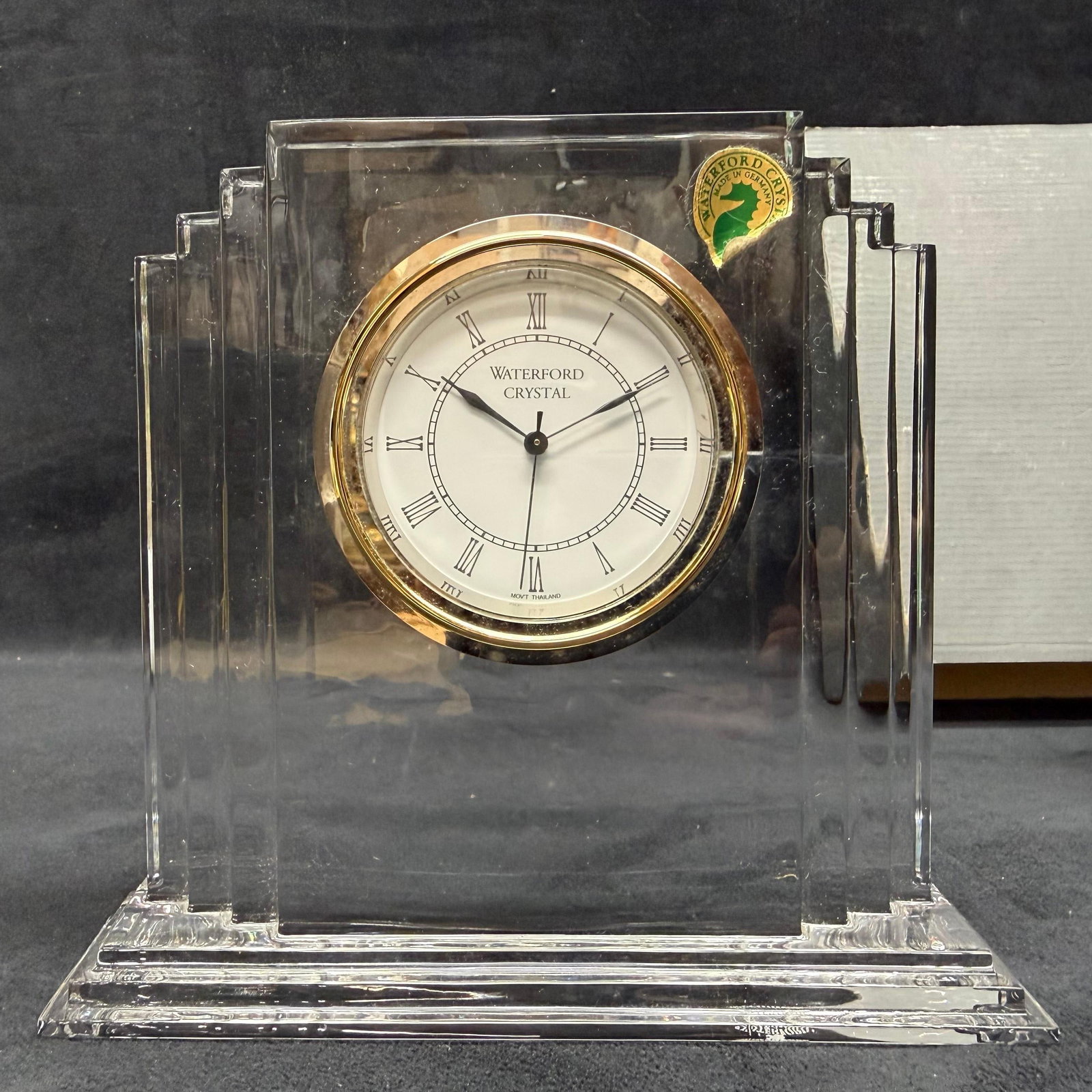 Waterford Crystal Lismore Large Metropolitan Mantel Clock Art Deco Style: Waterford Crystal large Lismore Metropolitan mantel/table clock featuring an architectural stepped Art Deco-style crystal case with brass-tone bezel and Roman numeral dial. Etched Waterford mark and o