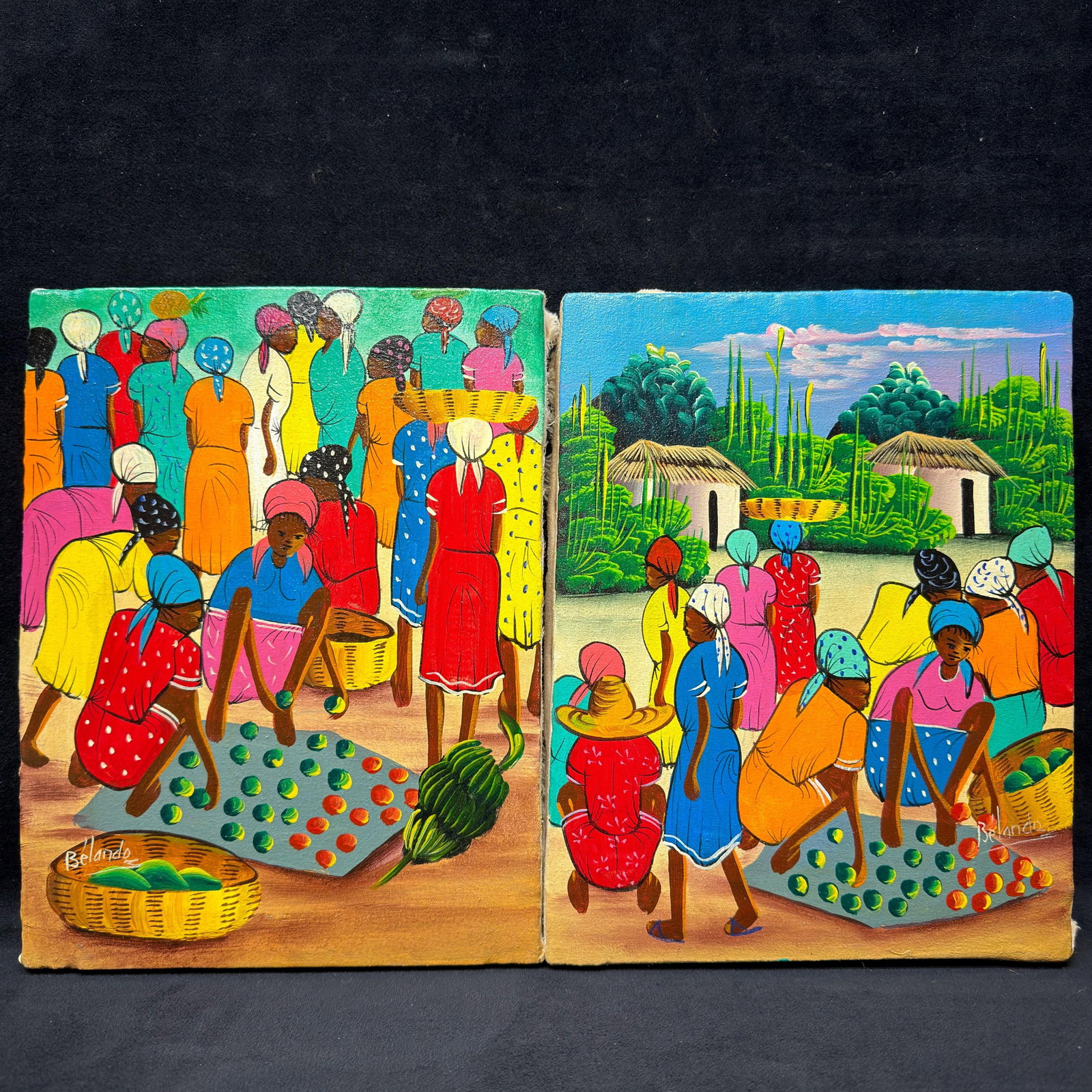 Pair of Belando Signed Caribbean Market Scene Artwork Paintings Vibrant Colors (1 of 7)