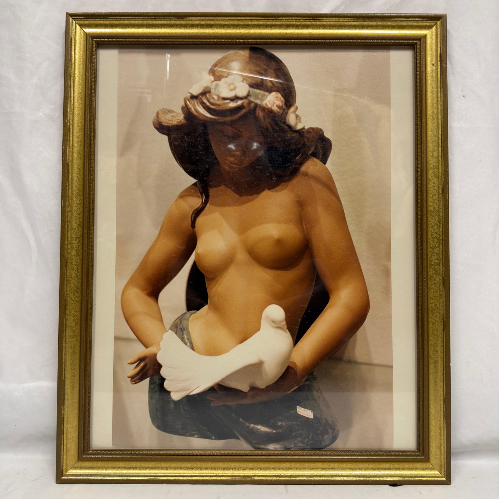 Art Print Woman Figure with White Dove Framed Lladro Porcelain Figurine: Appears to be an art photo print of a Lladro porcelain figurine, framed. Unsigned; artist and exact origin unknown. This item is in pre-owned, previously displayed condition with light wear and surfac