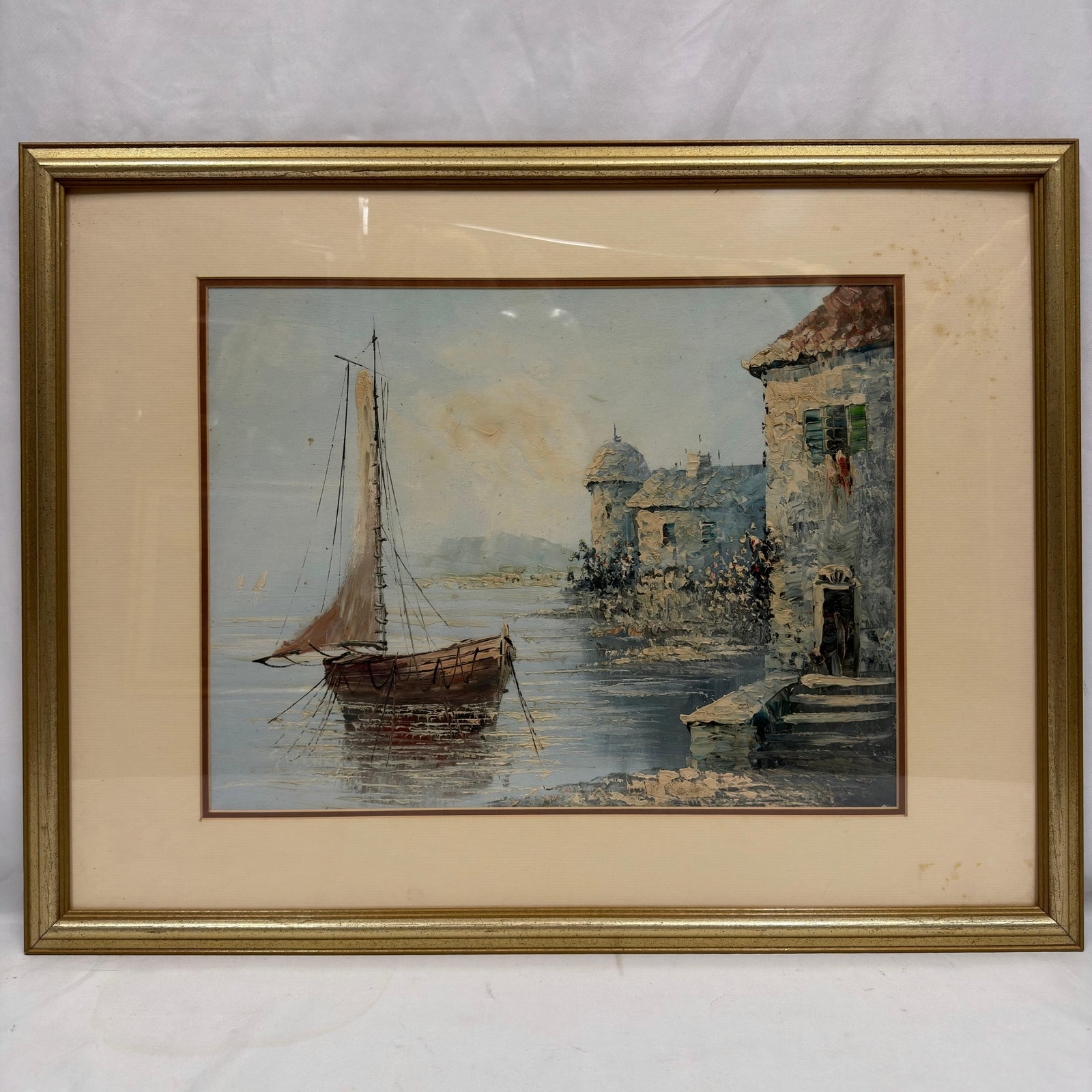 Framed Oil Painting on Board Nautical Scene Sailboat Docked (1 of 4)