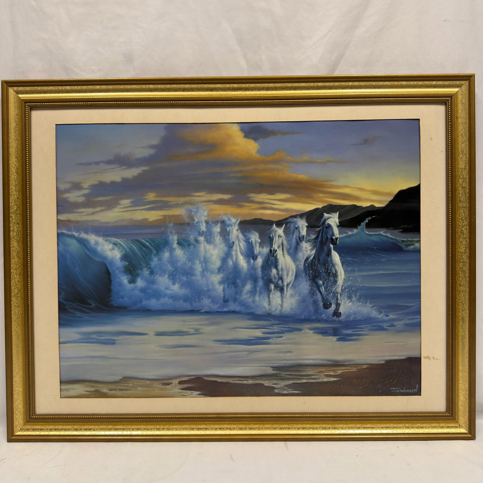 Jim Warren The Wave Ocean and Horse Scene Framed Art Print: Print signed by Jim Warren in the bottom right corner; no glass on the frame. This item is in pre-owned, previously displayed condition with light wear and surface scratches. Please reference all phot