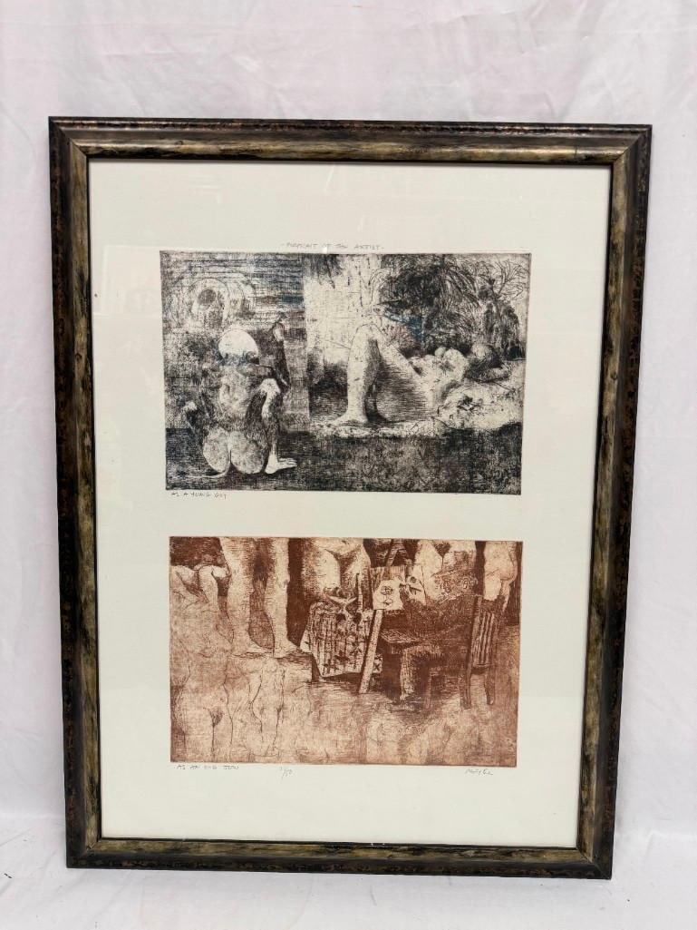 Signed and Numbered Etchings Diptych As a Young Guy As an Old Jew Titled: This framed work is a limited edition diptych etching titled Portrait of the Artist, numbered 21 of 50. Artist signed in the lower right. This item is in pre-owned, previously displayed condition with