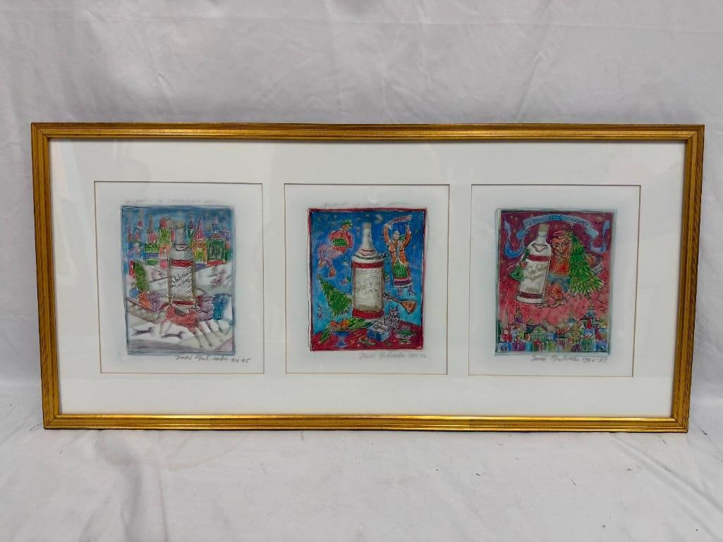 Yuri Gorbachev Framed Triptych Mixed Media Artwork: Artist-signed mixed media artwork featuring whimsical scenes with Russian motifs like vodka bottles and festive characters. This item is in pre-owned, previously displayed condition with light we