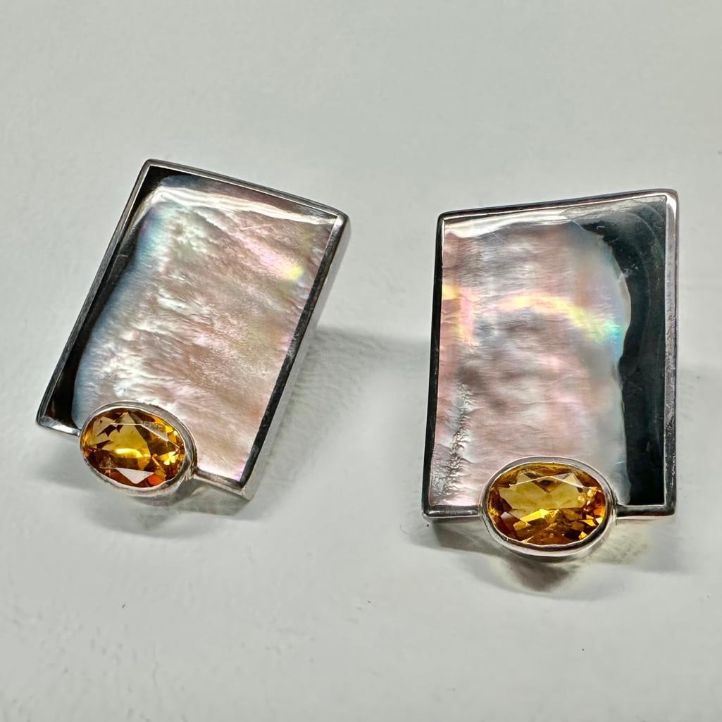 Marta Howell Sterling MOP and Citrine Earrings: This piece of jewelry has been tested and researched prior to listing. Please view all our pictures they are part of our description. DETAILS: Metal - 925 Sterling Silver Color - Silver Stones - Mothe