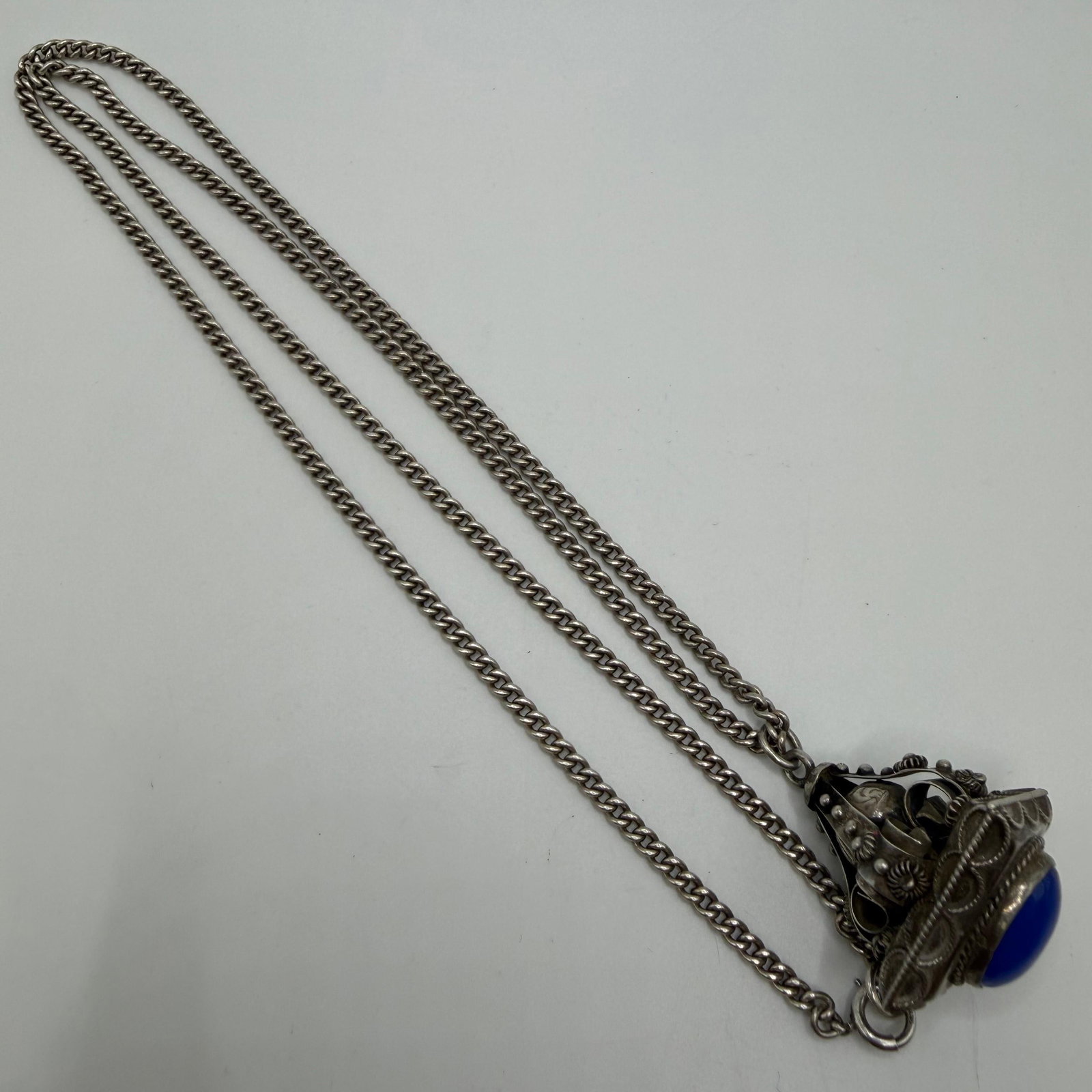 Oval Blue Chalcedony 800 Silver Charm and Sterling Chain ER43: This item is in pre-owned, previously used/displayed condition with noticeable light wear and surface scratches. Please reference all photos for full details. This piece of jewelry has been carefully 
