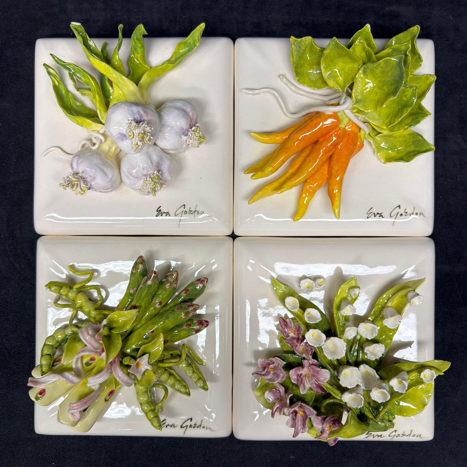 Eva Gordon High Relief Botanical Ceramic Wall Plaques Set of Four (1 of 9)