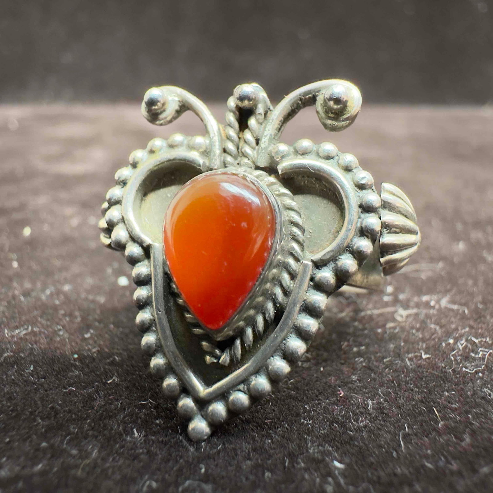 Ornate Beaded Carnelian Cabochon Sterling Silver Artisan Ring: This item is in good pre-owned, previously used/displayed condition with noticeable light wear, and surface scratches. Please reference all photos for full details. This piece of jewelry has been test
