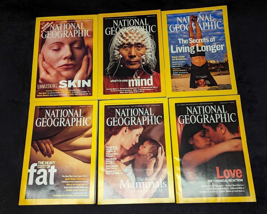 6 Humans & Health National Geographic Magazines: 6 Humans & Health National Geographic Magazines. This lot includes: (1) March 2005 - What's In Your Mind. (1) November 2005 - The Secrets Of Living Longer. (1) November 2