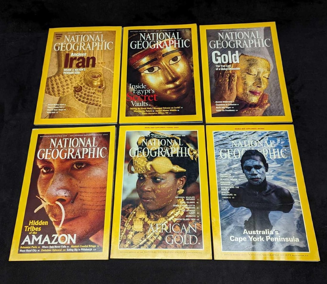 6 National Geographic Magazines Gold & Ancient Tribes: 6 National Geographic Magazines Gold & Ancient Tribes. This lot includes: (1) January 2003- Inside Egypt's Secret Vaults. (1) January 2009 - Gold The True Cost Of A Global Obsession. <