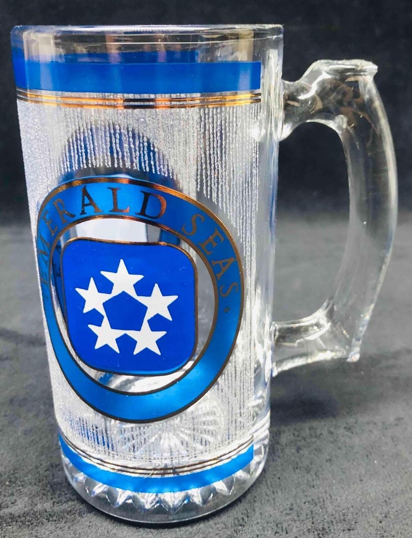 Vintage Admiral Cruise Line Ship Emerald Seas Glass Gold Blue Accents: This lot contains Vintage Admiral Cruise Line Ship Emerald Seas Glass Gold Blue Accents. It is approx 2 3/4" x 4 1/4" x 5 3/4" and it weighs about 1.3lbs. Overall the glass mug is in g