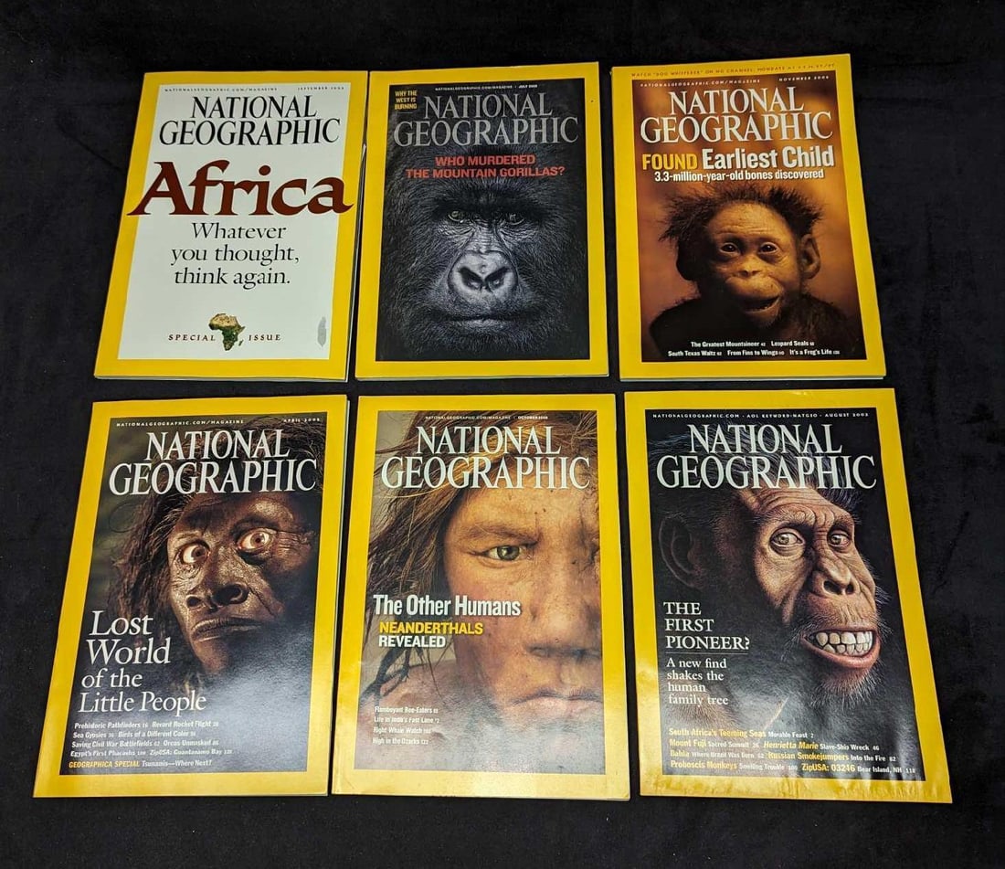 6 Ancient Peoples National Geographic Magazines: 6 Ancient Peoples National Geographic Magazines. This lot includes: (1) April 2005 - Lost World Of The Little People. (1) August 2002 - The First Pioneer? (1) October 2008