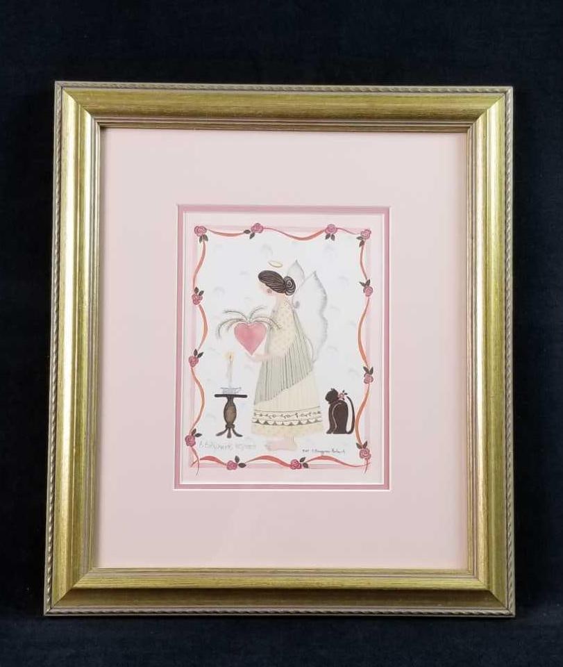 BB Richards 1988 Signed Fairy Love Print: This 1988 print by Barbara Bourgeau Richards depicts a female fairy holding a large heart. The exact title is unknown. The print is 815/1000. Signed on the bottom left. Print is in good condition, dou