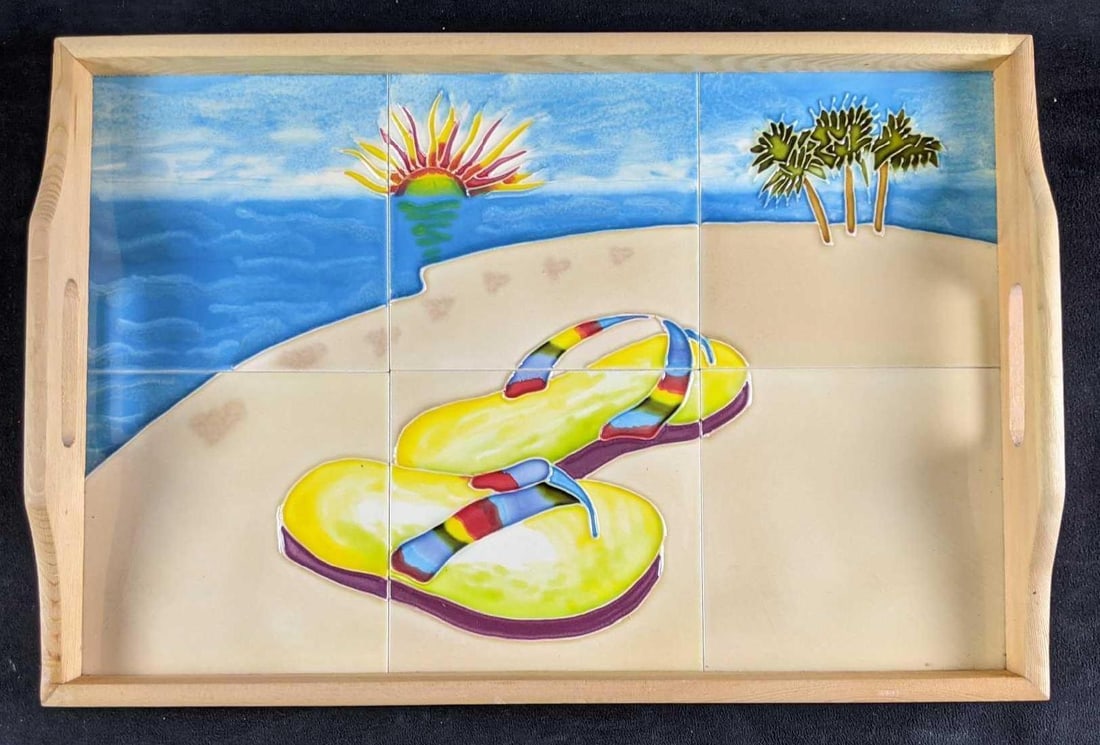 Sandal Wooden and Tile Trays Beach Theme: Sandal Wooden and Tile Trays Beach Theme This is a wooden tray with painted tiles that make a beach scene. The tray is in good condition and even comes in its own box. There is some slight crazing fro