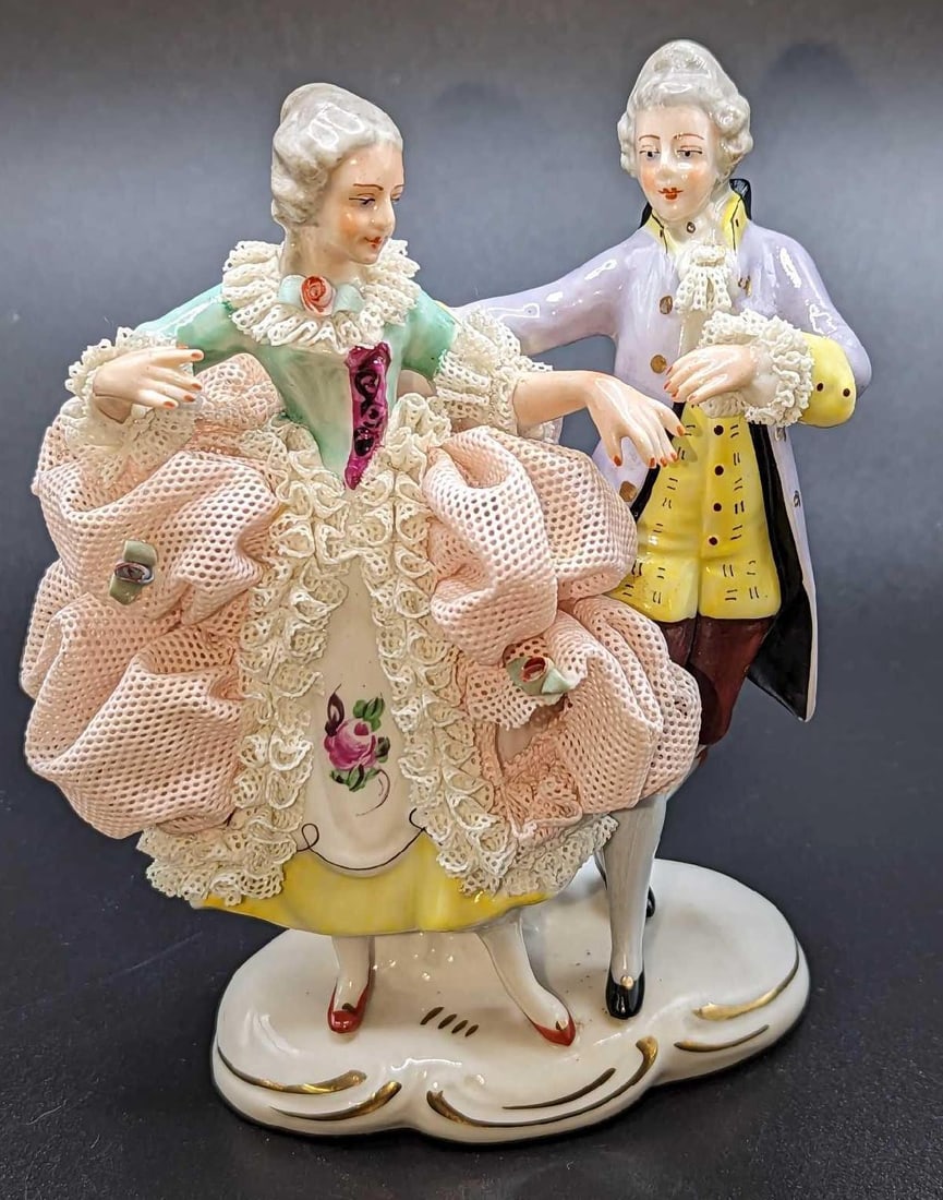 Vintage Dresden Lace Porcelain Dancing Couple: Vintage Dresden Lace Porcelain Dancing Couple. This is approx 3 1/2" x 2 1/2" x 4 1/2" and it weighs 0.39lb. There is some missing dress on the front and back. Please see the images as they are part o