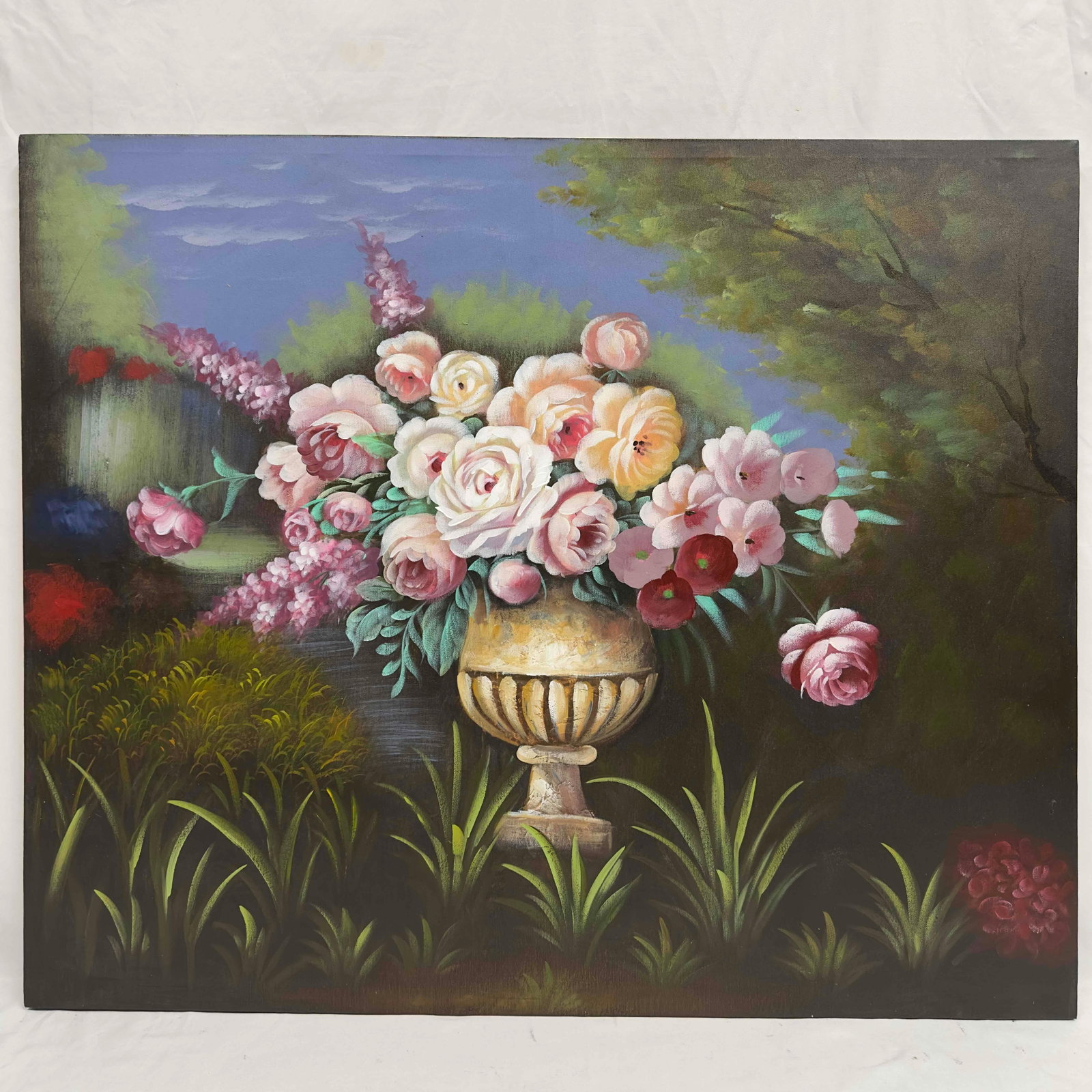 Bouquet of Flowers Floral Scene Outdoor Scenery Oil on Canvas Painting: Bouquet of Flowers Floral Scene Outdoor Scenery Oil on Canvas Painting. This item is in pre-owned, previously displayed condition with light wear, and surface scratches. Please reference all photos