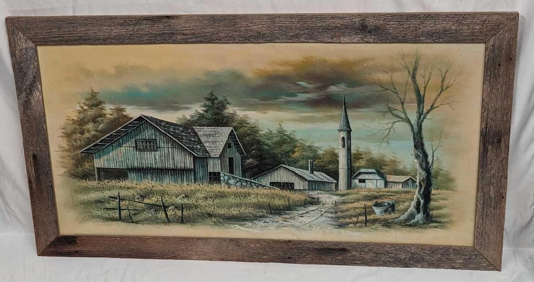 Framed Original Acrylic On Canvas Farm: Framed Original Acrylic On Canvas Farm. This framed original is approx 53 1/2" x 1" x 29 1/2" and it weighs 12 lbs. The bottom right was signed by the artist. We could not find any information about
