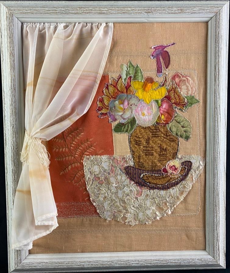 Etta Jean Juge "Window of Opportunity" Fabric: Etta Jean Juge "Window of Opportunity" Fabric This piece by Etta Jean Juge is a piece made of fabric stitched together to create an image. On the side is a 3-dimensional curtain, that creates