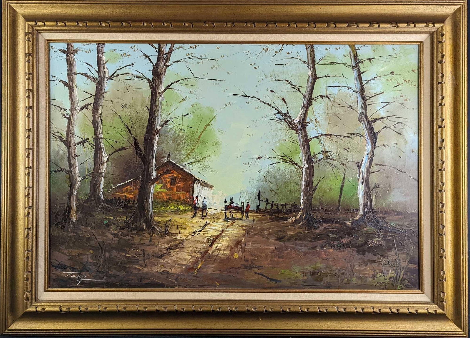 JB Original Framed Oil On Canvas Cabin With Dead Trees: This original shows a cabin surrounded by trees. The original is signed (Tony) on the bottom left. The original is approx 44" x 2" x 32 1/2" and it weighs 8.5lbs. The canvas is approx 36" x 24". The