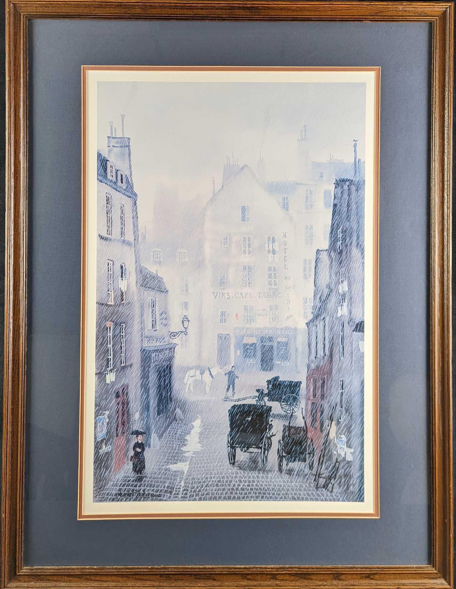 Framed Michel Delacroix Paris Street Scene: Framed Michel Delacroix Paris Street Scene. The framed lithograph print is approx 26" x 3/4" x 34" and it weighs 11lbs. The print/image is approx 17" x 26". The framed print is in 